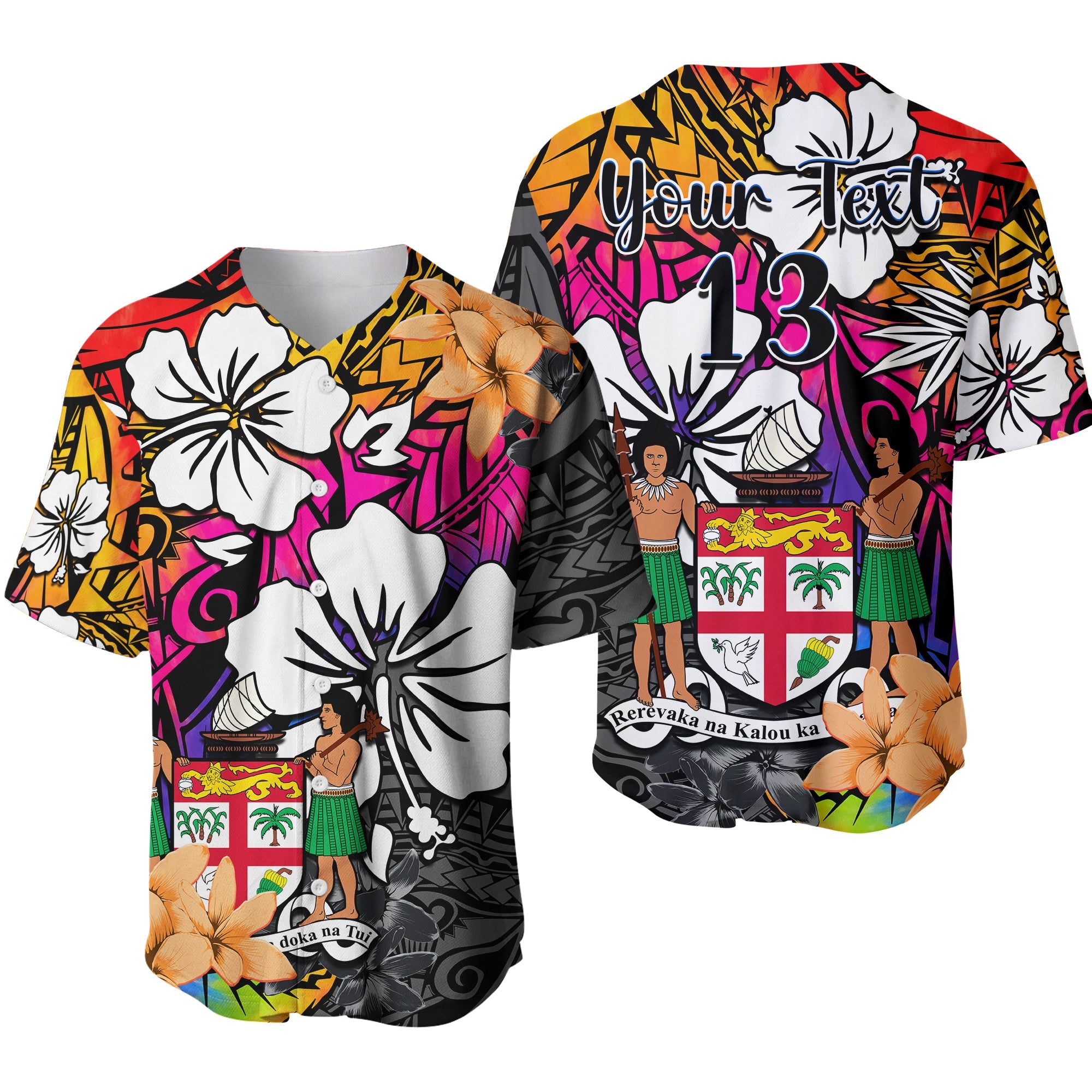 (Custom Text and Number) Fiji Tie Dye Baseball Jersey Polynesian Tribal Creative Tropical Flowers LT13 Red - Polynesian Pride