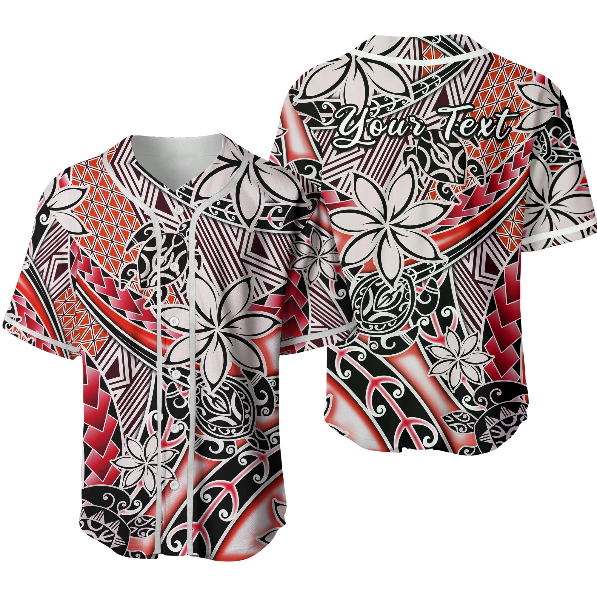 (Custom Personalised) Hawaii Baseball Jersey Tribal Plumeria With Polynesian Turtle Strip Ver.03 LT14 Red - Polynesian Pride