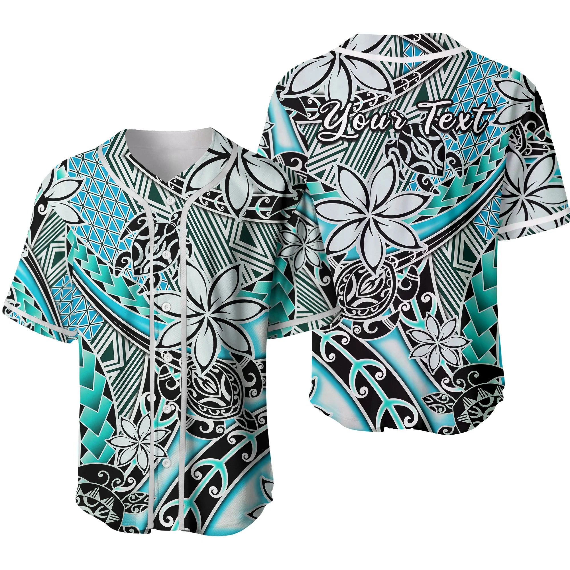 (Custom Personalised) Hawaii Baseball Jersey Tribal Plumeria With Polynesian Turtle Strip Ver.04 LT14 Turquoise - Polynesian Pride