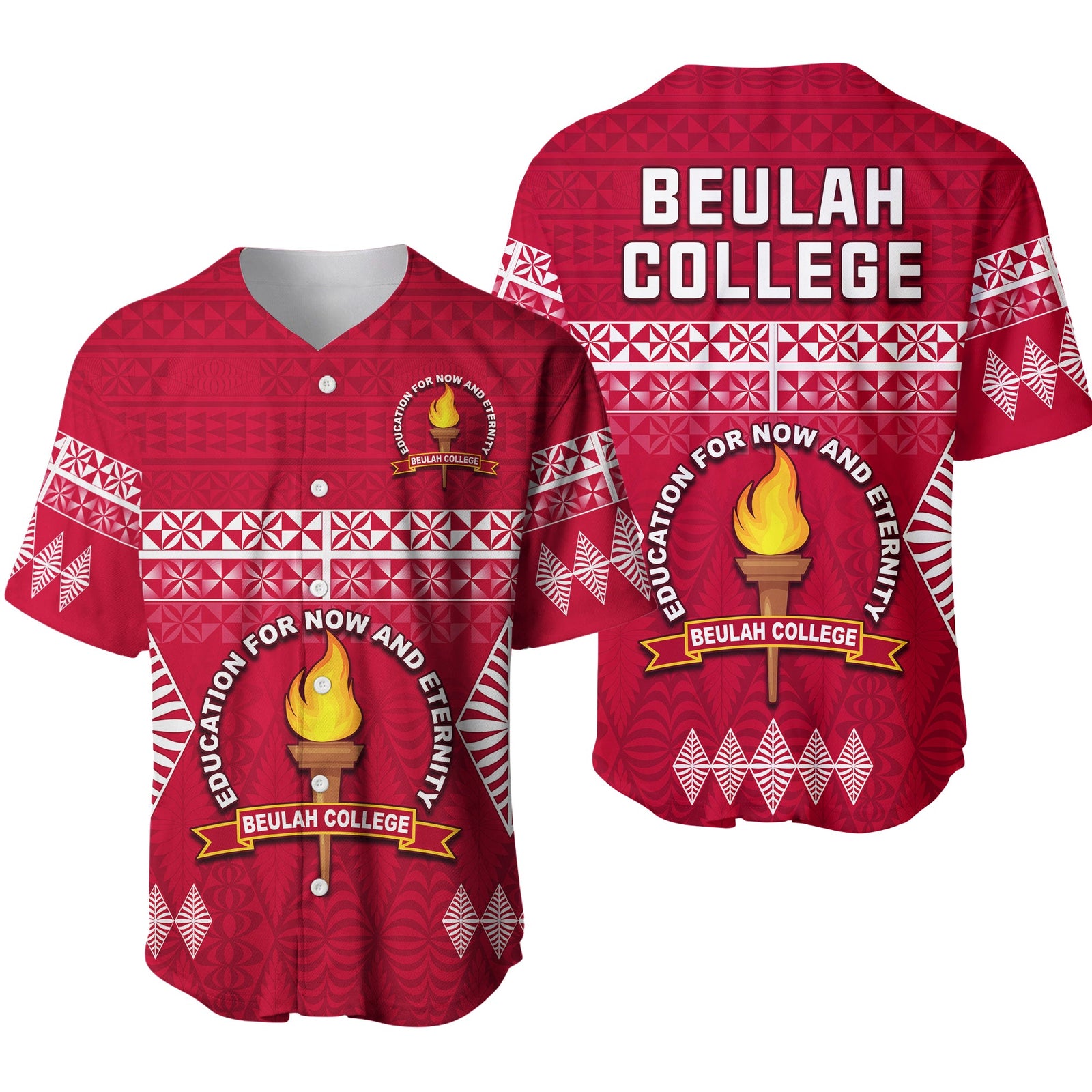 Beulah College Baseball Jersey Ngatu Pattern Tonga Ver.01 LT13 Maroon - Polynesian Pride