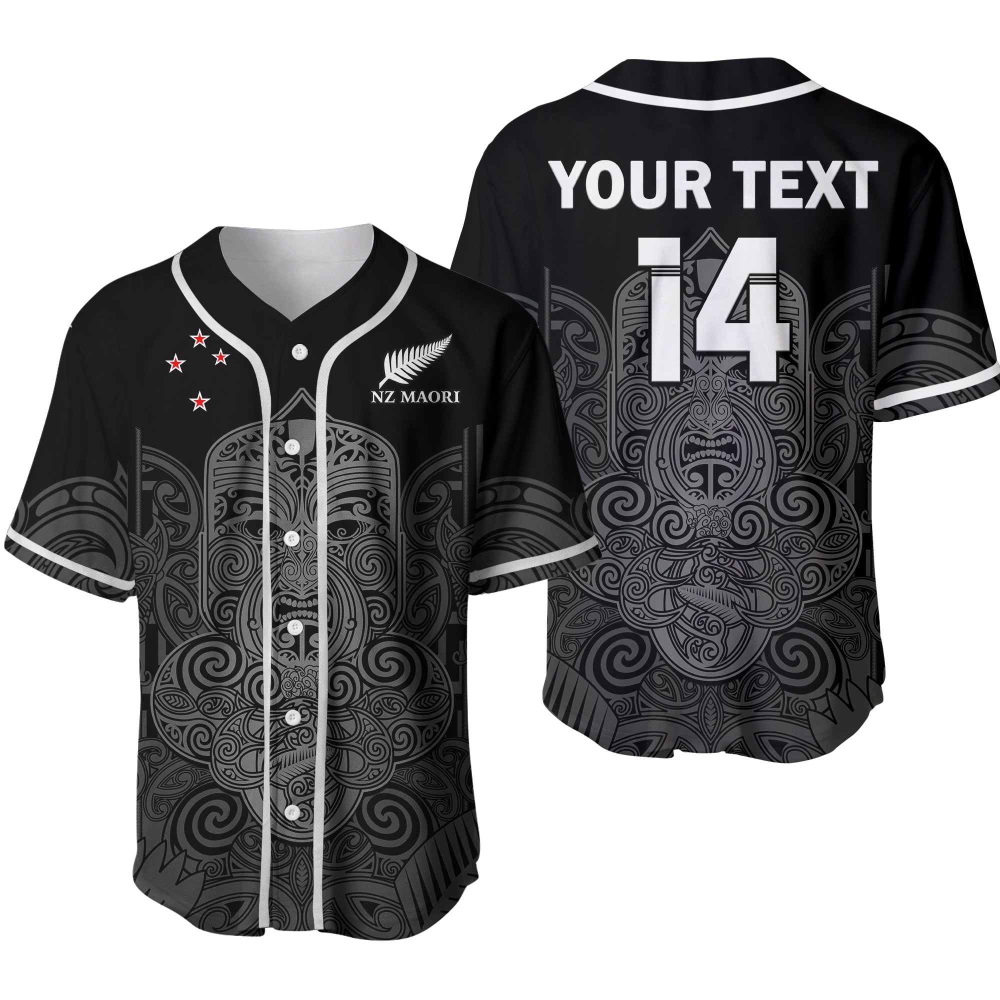 (Custom Text And Number) New Zealand Tiki Rugby Baseball Jersey NZ Maori Koru Pattern Ver.02 LT14 Black - Polynesian Pride