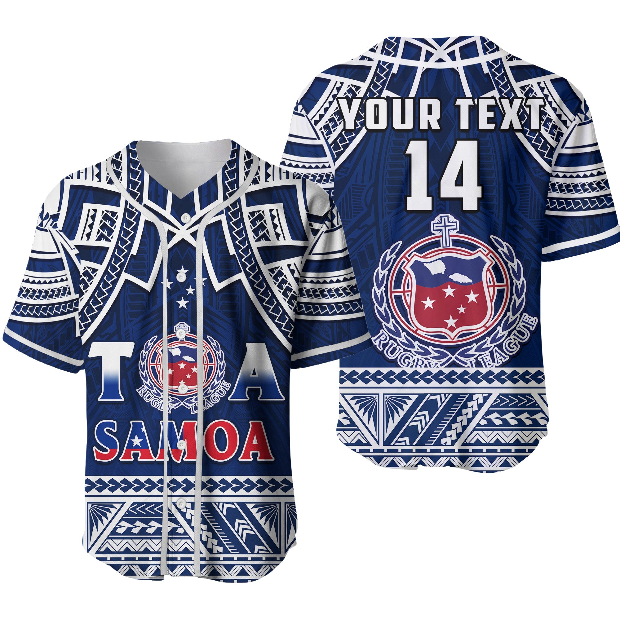 (Custom Personalise Text and Number) Samoa Rugby Baseball Jersey Toa Samoa Pacific Sporty Ver.02 LT14 Blue - Polynesian Pride