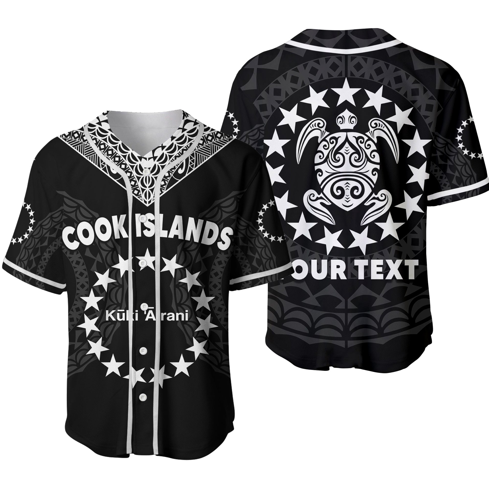 (Custom Personalised) Islands Baseball Jersey Circle Pattern Mix Sea Turtle Black Version 2 LT14 Black - Polynesian Pride