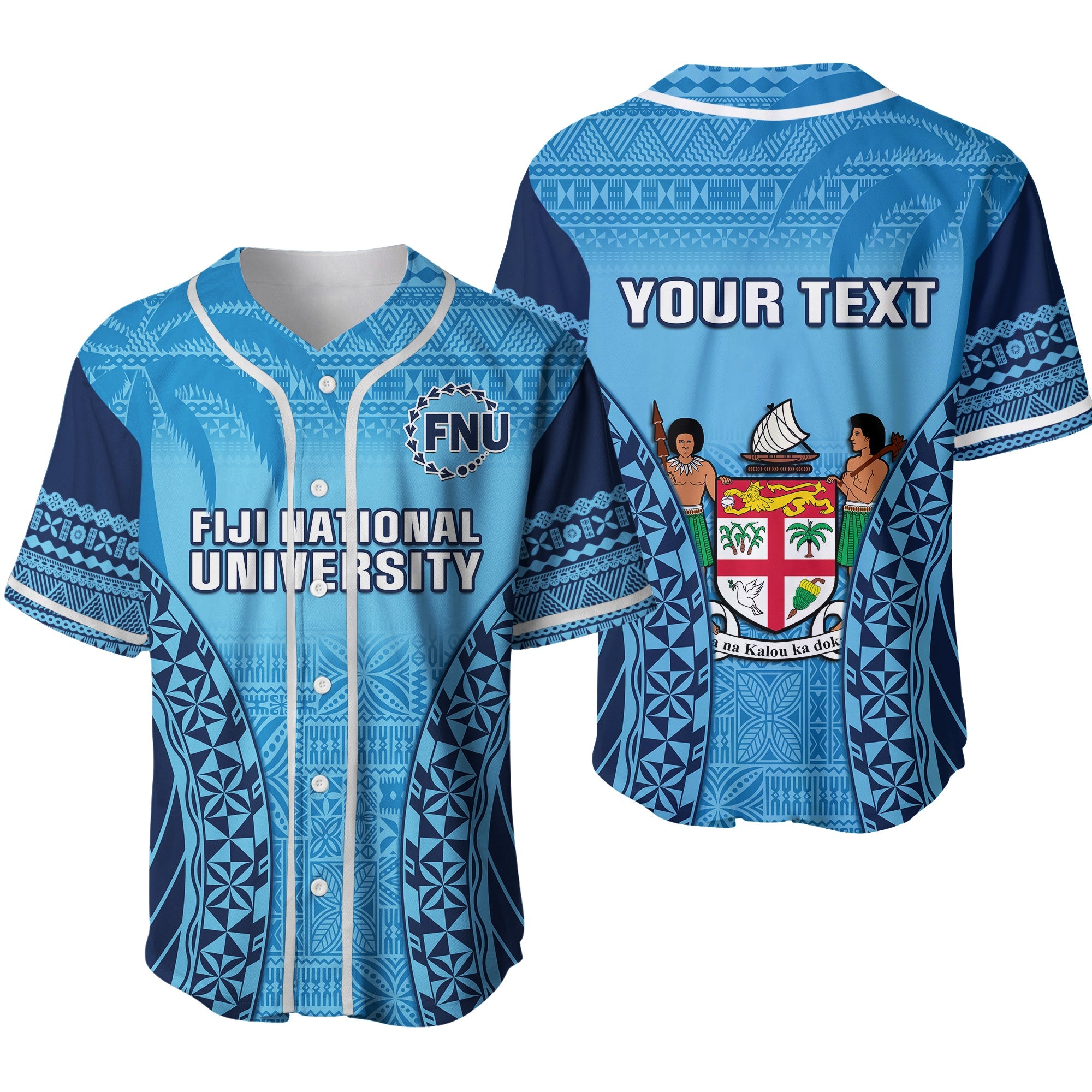 (Custom Personalised) Fiji University Baseball Jersey National Fijian Tapa Pattern Blue Ver.02 LT14 Blue - Polynesian Pride