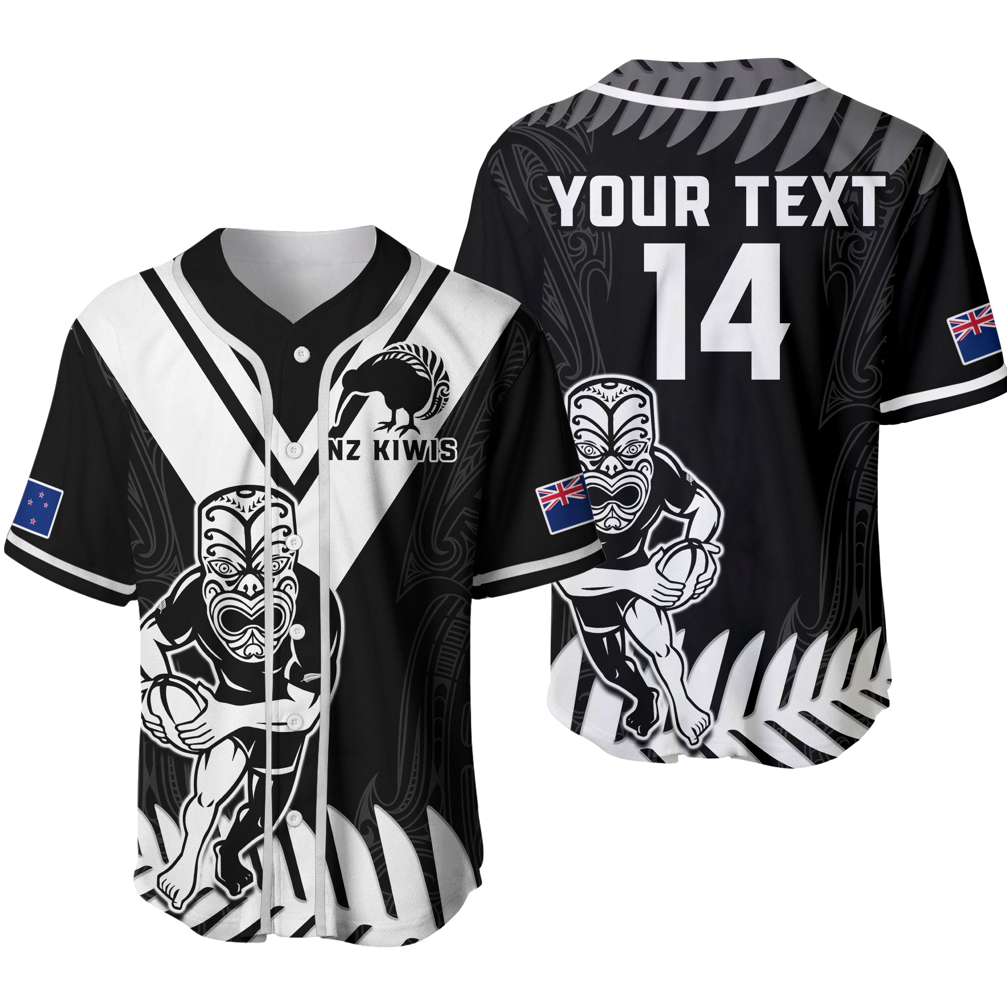 (Custom Text And Number) New Zealand Silver Fern Rugby Baseball Jersey Ver.02 NZ Kiwi Pacific Maori Sporty LT14 Black - Polynesian Pride