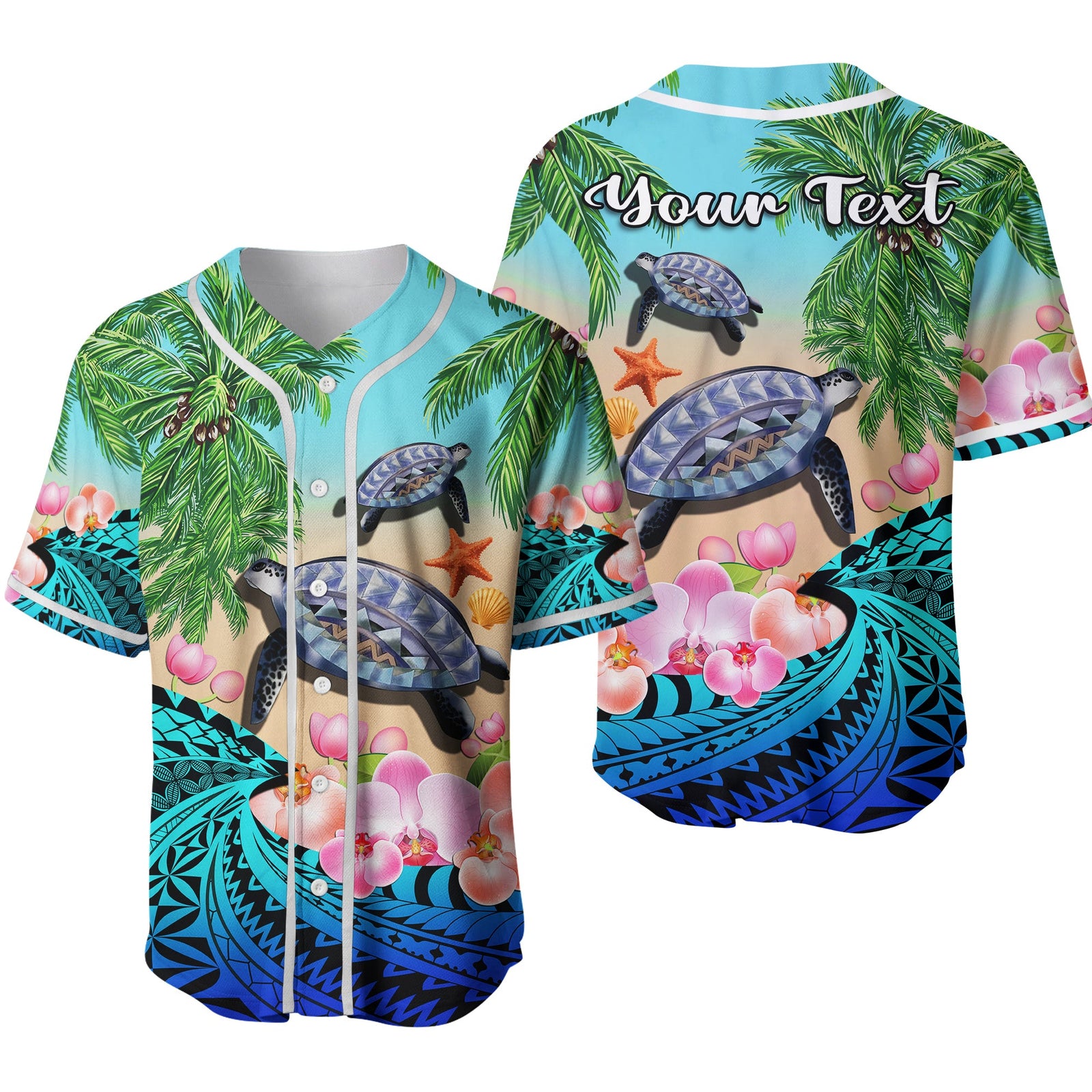 (Custom Personalised) Polynesian Turtle Coconut Tree And Orchids Baseball Jersey 02 LT14 Blue - Polynesian Pride