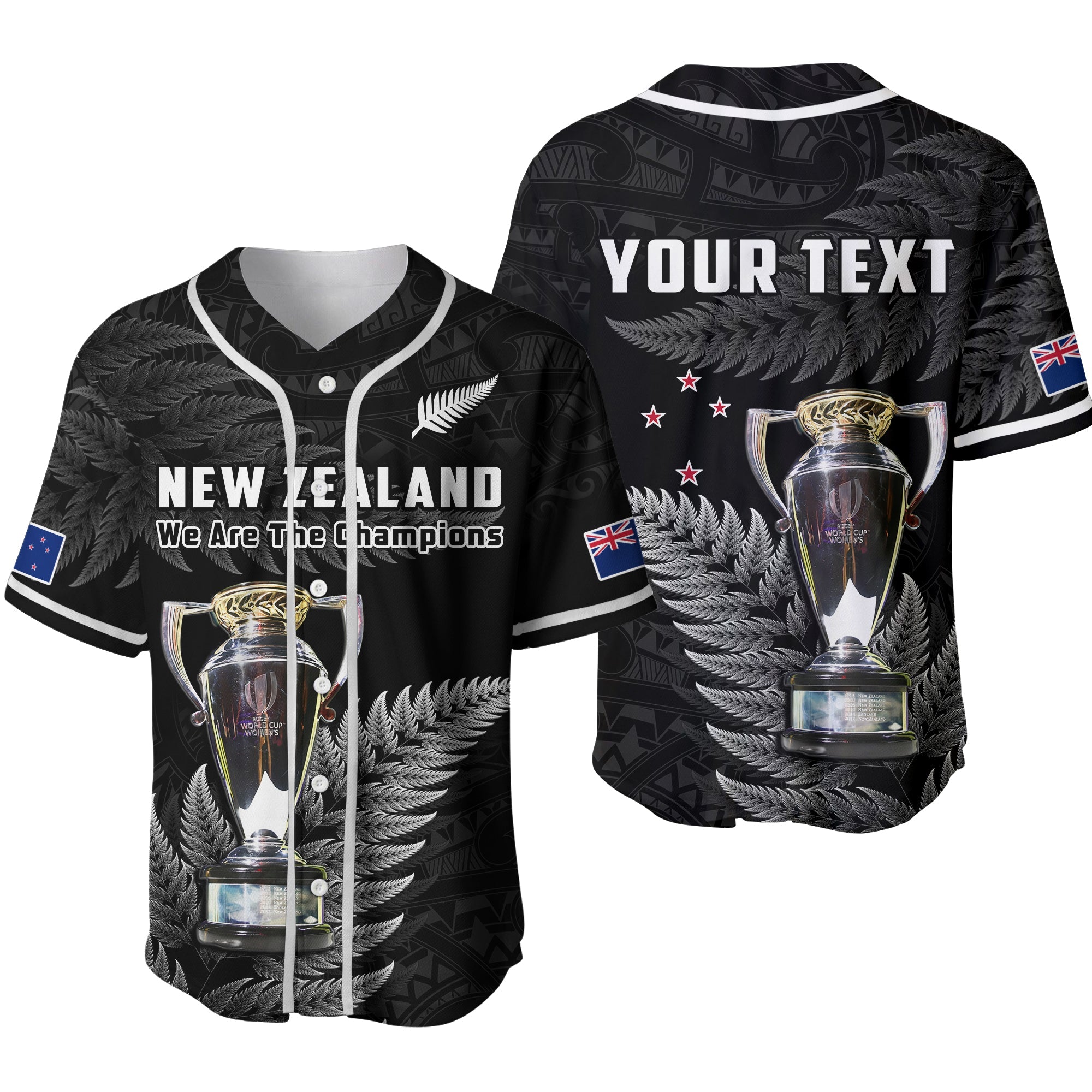 (Custom Personalised) New Zealand 2022 Rugby Baseball Jersey Black Fern Proud Champions RWC Ver.02 LT14 Black - Polynesian Pride