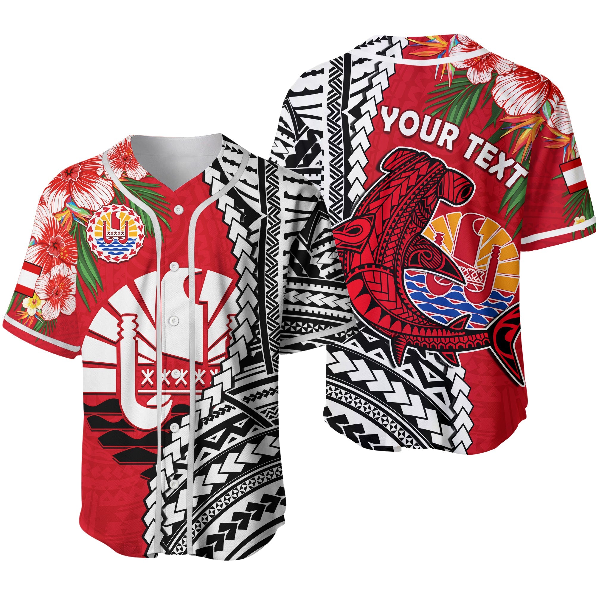 (Custom Personalised) Tahiti Islands Baseball Jersey Polynesian Shark Mix Tropical Flowers Ver.02 LT14 Red - Polynesian Pride