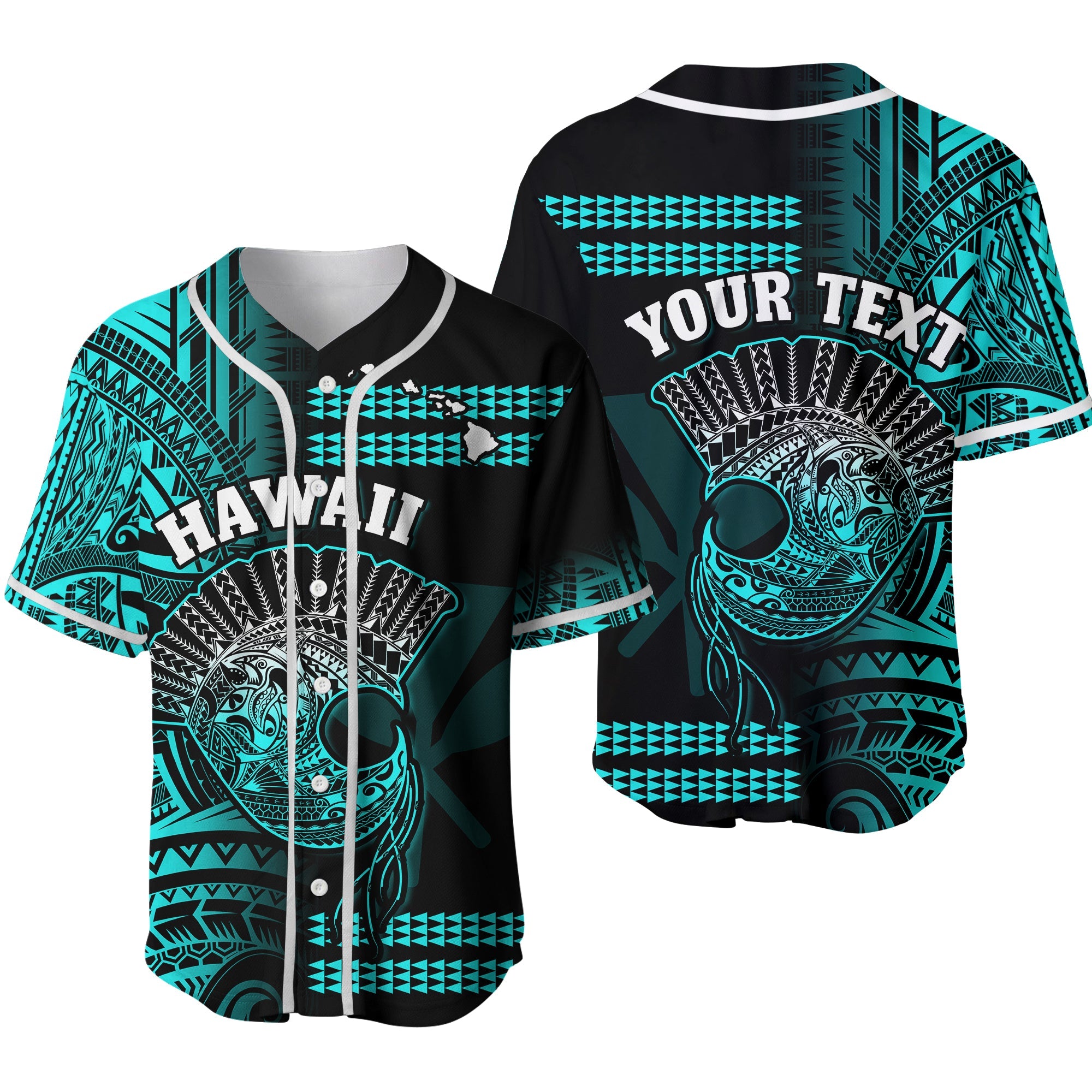 (Custom Personalised) Hawaii Baseball Jersey Kakau Warrior Helmet Gradient Turquoise Polynesian Ver.02 LT14 Turquoise - Polynesian Pride