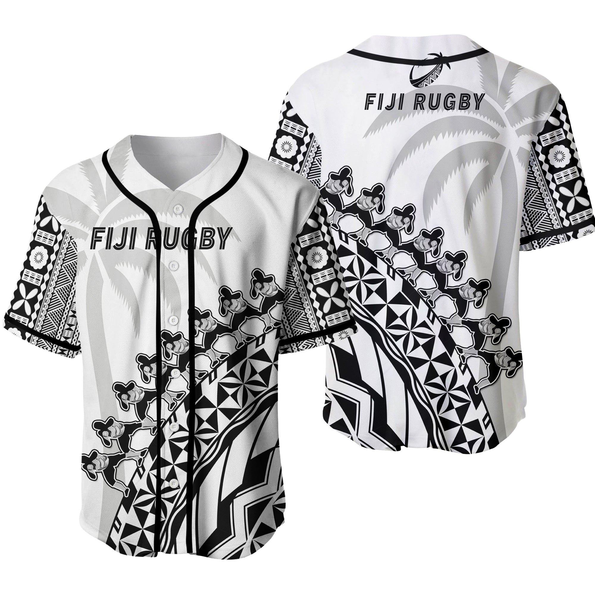 Fiji Rugby Baseball Jersey Fijian Cibi Dance Tapa Pattern White 02 LT14 White - Polynesian Pride