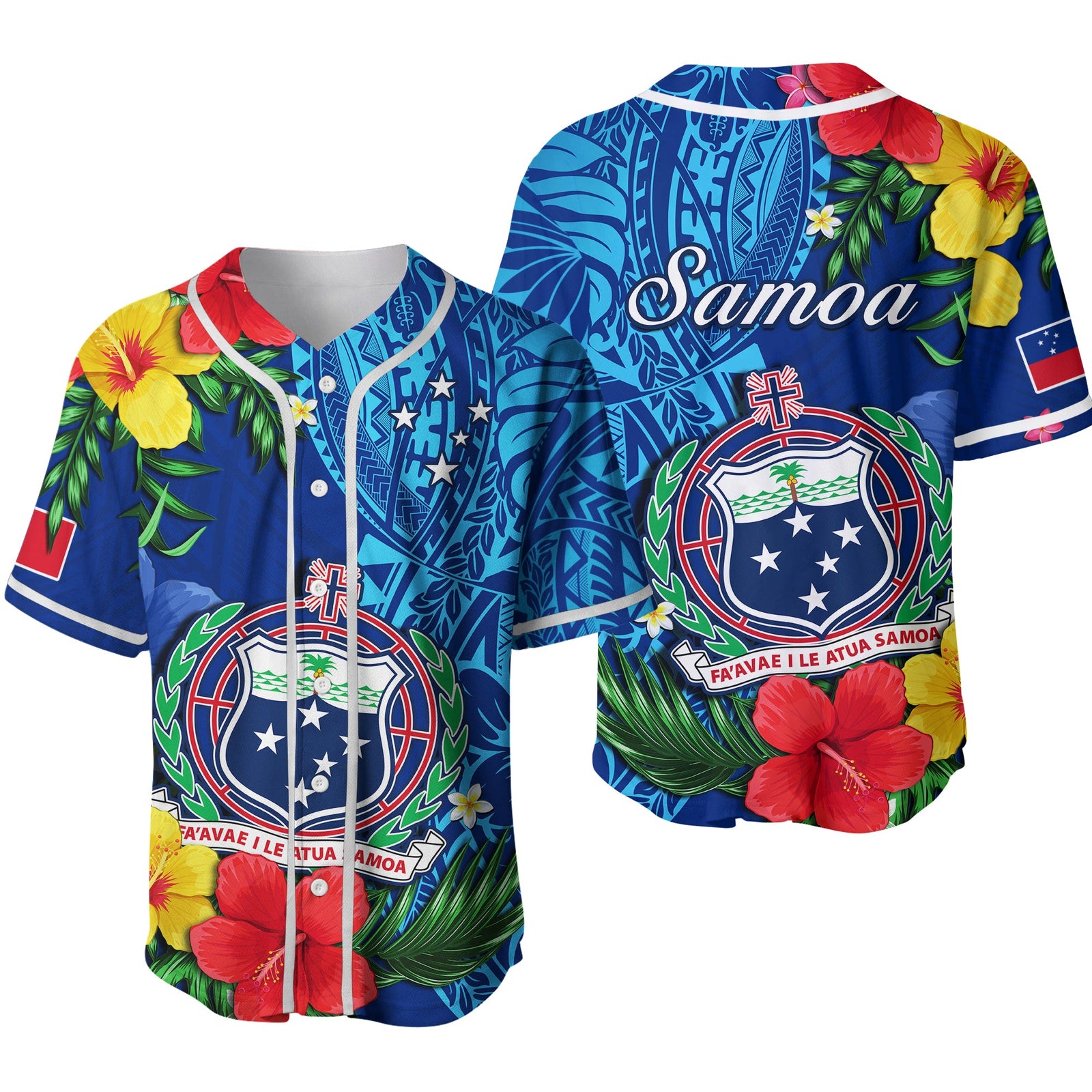Samoa Baseball Jersey Coat Of Arms Mix Tropical Flowers Ver.02 LT14 Blue - Polynesian Pride