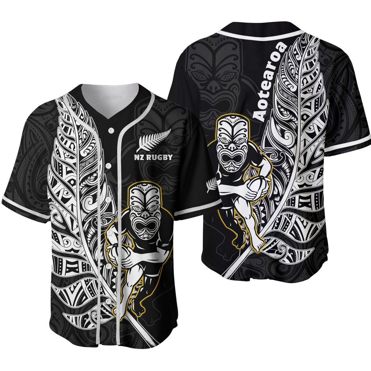 New Zealand Silver Fern Rugby Baseball Jersey All Black Maori Version Black Ver.02 LT14 Black - Polynesian Pride