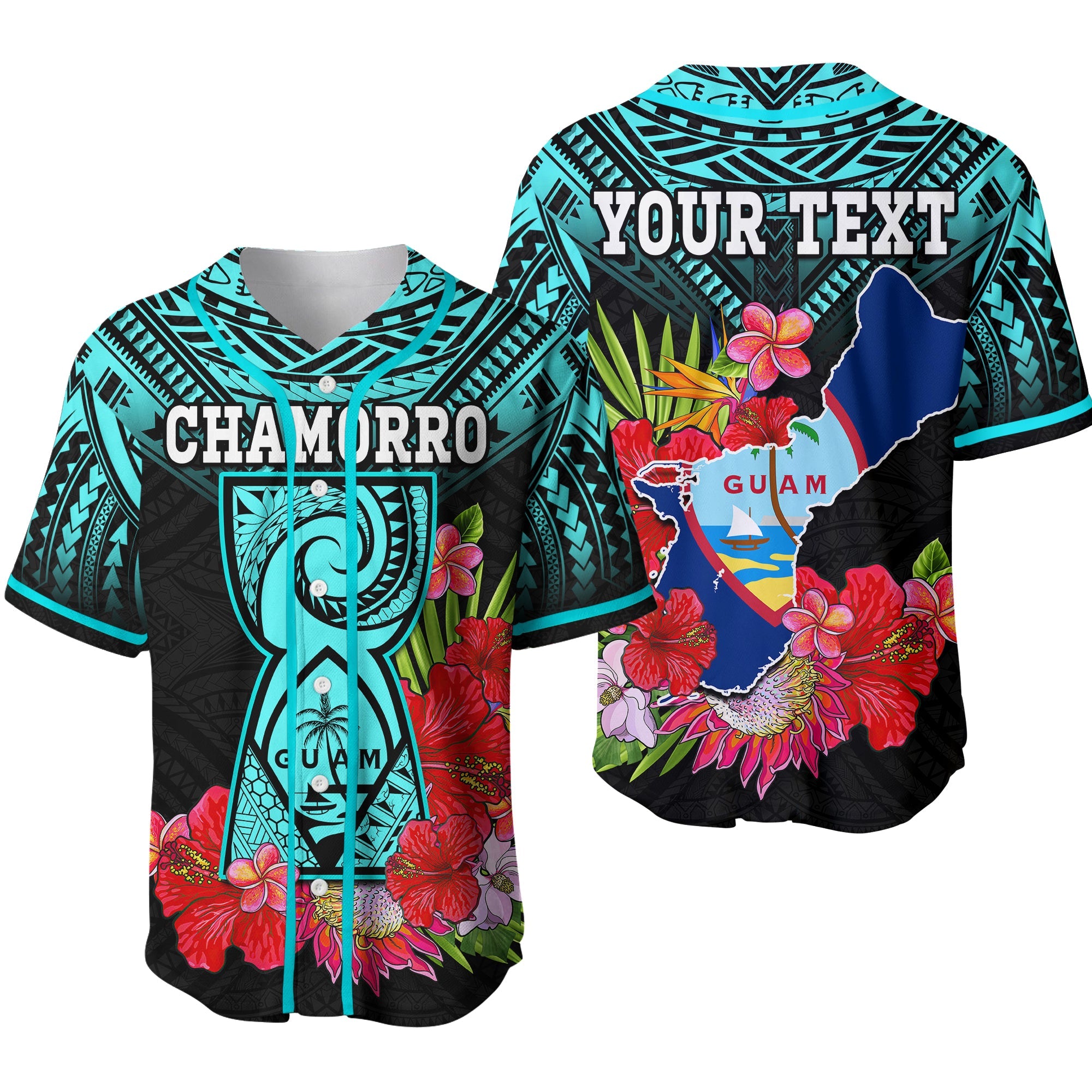 (Custom Personalised) Guam Chamorro Baseball Jersey Guaman Latte Stone Tropical Flowers Turquoise Style 02 LT14 Turquoise - Polynesian Pride