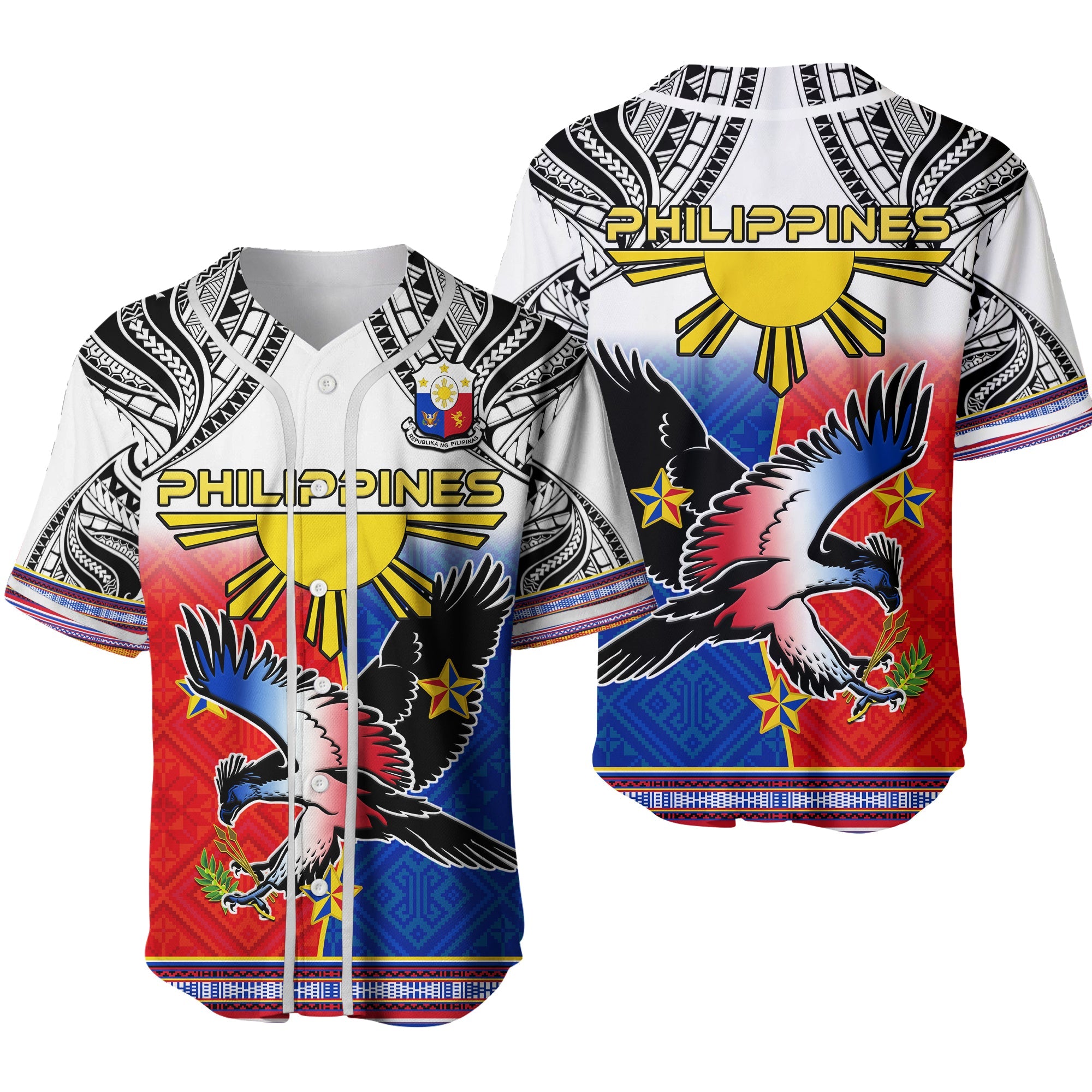 Philippines Baseball Jersey Polynesian Filipino Pattern With Eagle Ver.02 LT14 White - Polynesian Pride