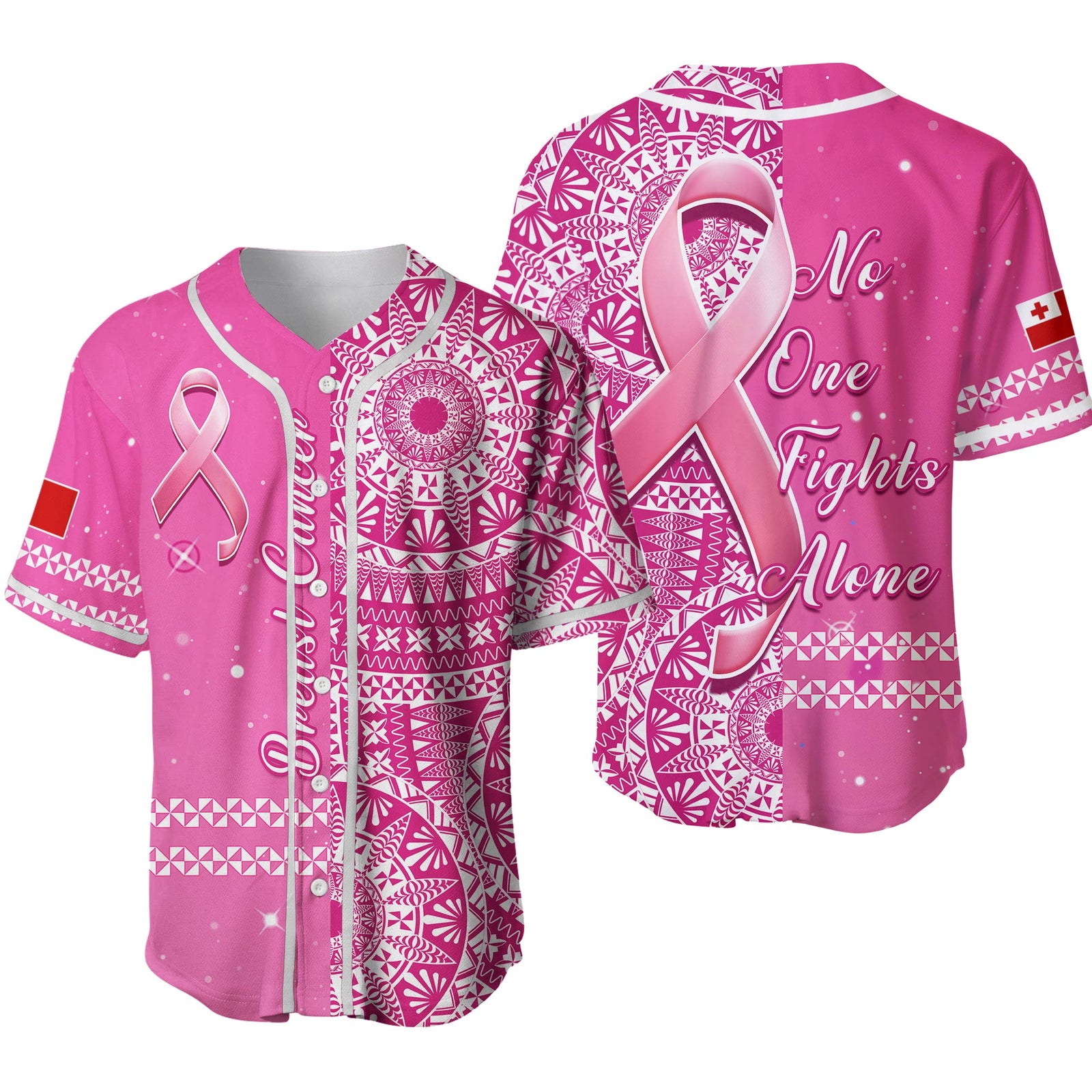 Tonga Breast Cancer Baseball Jersey Tongan Ngatu Pattern No One Fights Alone Ver.02 LT14 Pink - Polynesian Pride