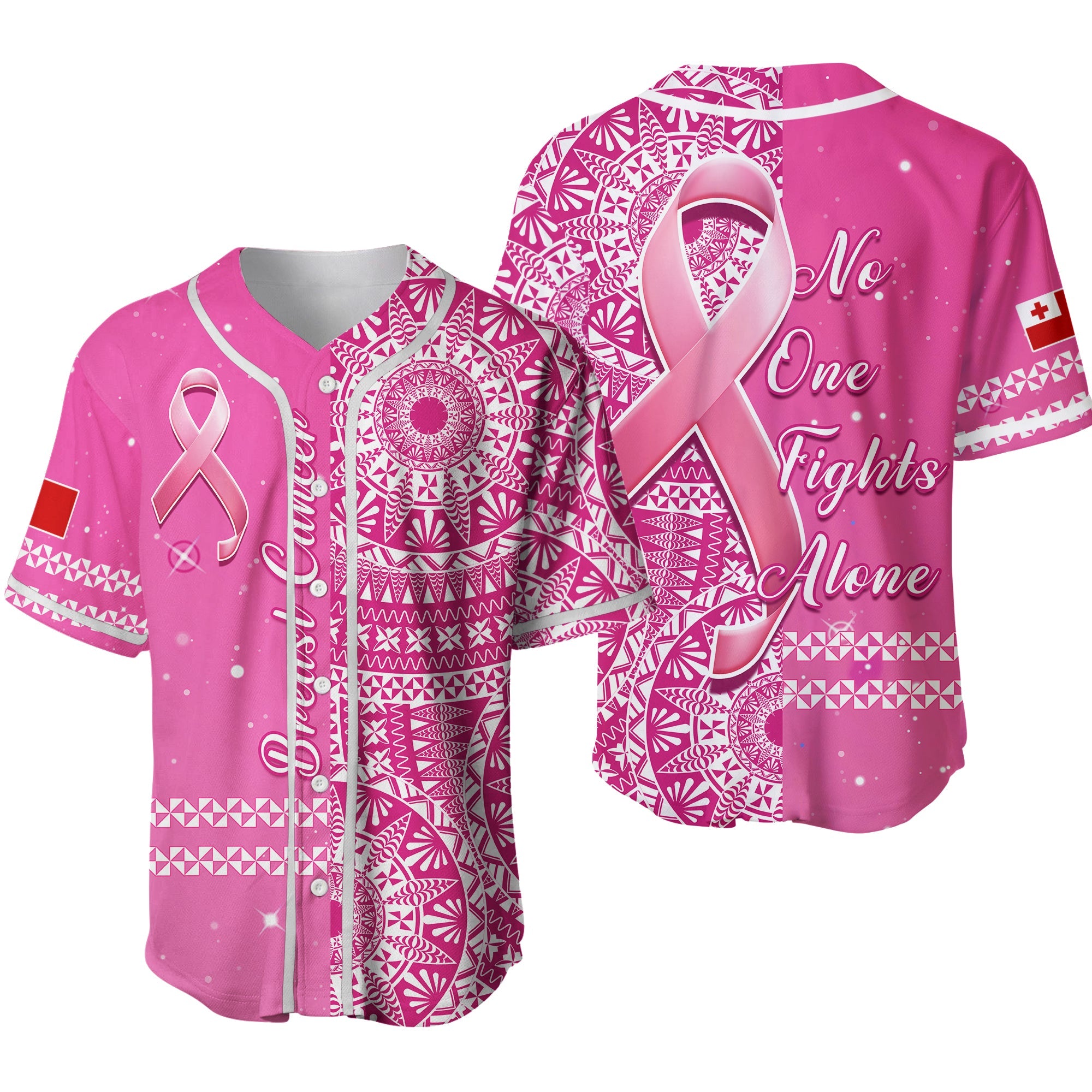Tonga Breast Cancer Baseball Jersey Tongan Ngatu Pattern No One Fights Alone Ver.02 LT14 Pink - Polynesian Pride