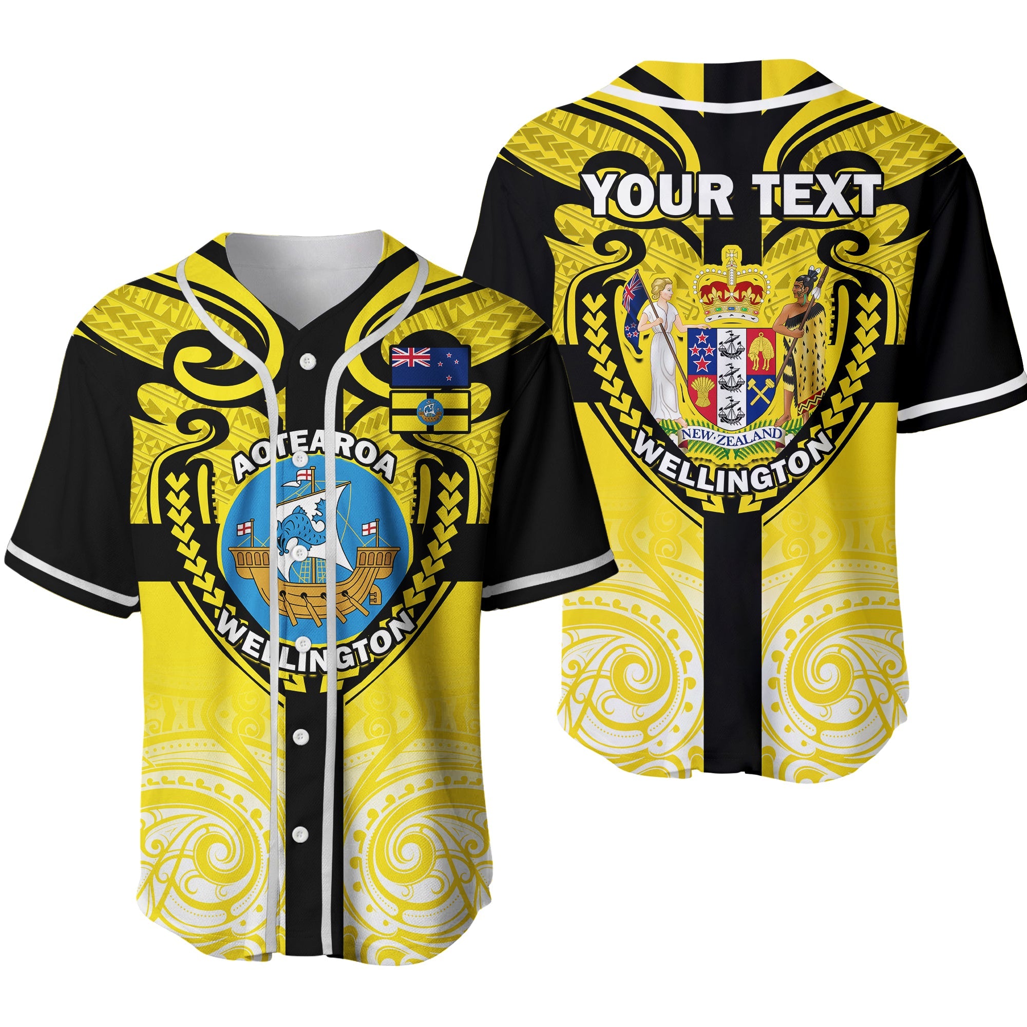 (Custom Personalised) Wellington Baseball Jersey New Zealand Maori Pattern Ver.02 LT14 Yellow - Polynesian Pride