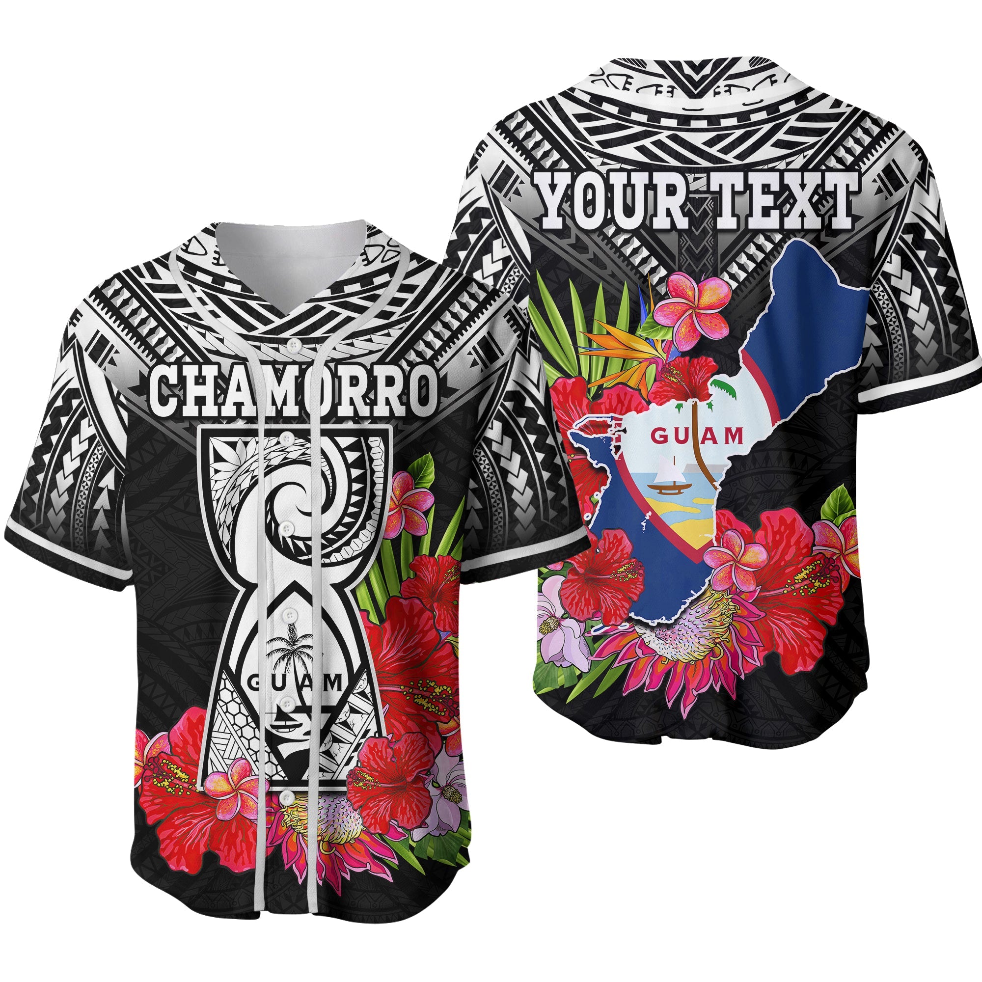 (Custom Personalised) Guam Chamorro Baseball Jersey Guaman Latte Stone Tropical Flowers Black Style 02 LT14 Black - Polynesian Pride