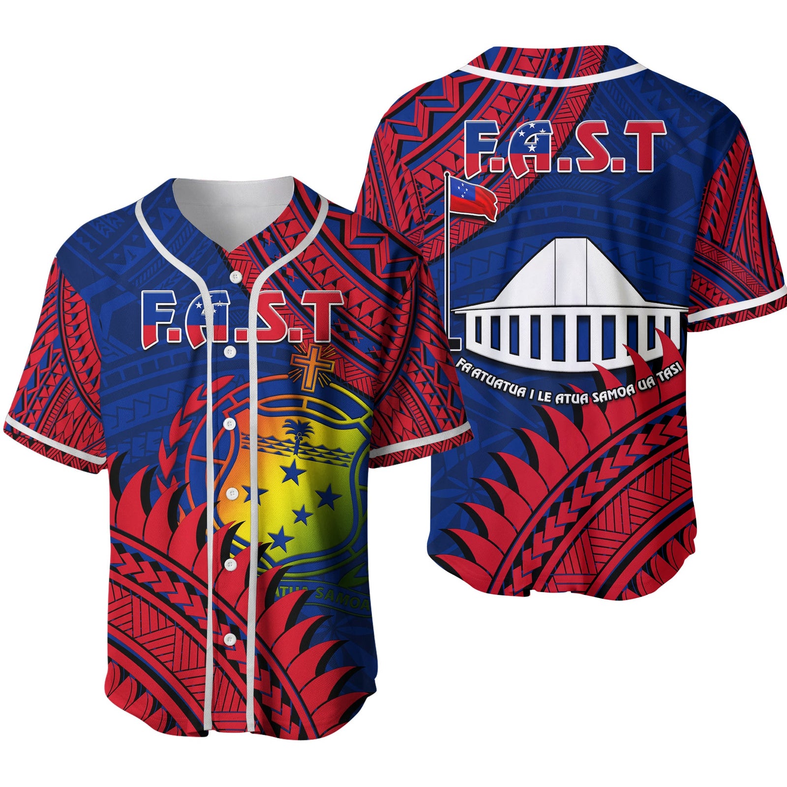 F.A.S.T Samoa Baseball Jersey Samoan Coat Of Arms Polynesian Pattern Ver.02 LT14 Blue - Polynesian Pride
