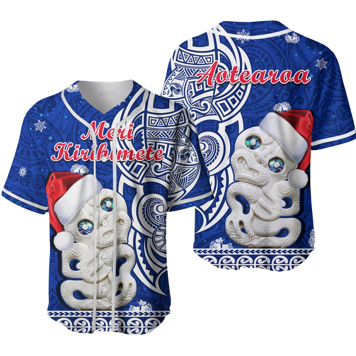 New Zealand Christmas Baseball Jersey Hei Tiki Blue Pohutukawa Meri Kirihimete Ver.02 LT14 Blue - Polynesian Pride
