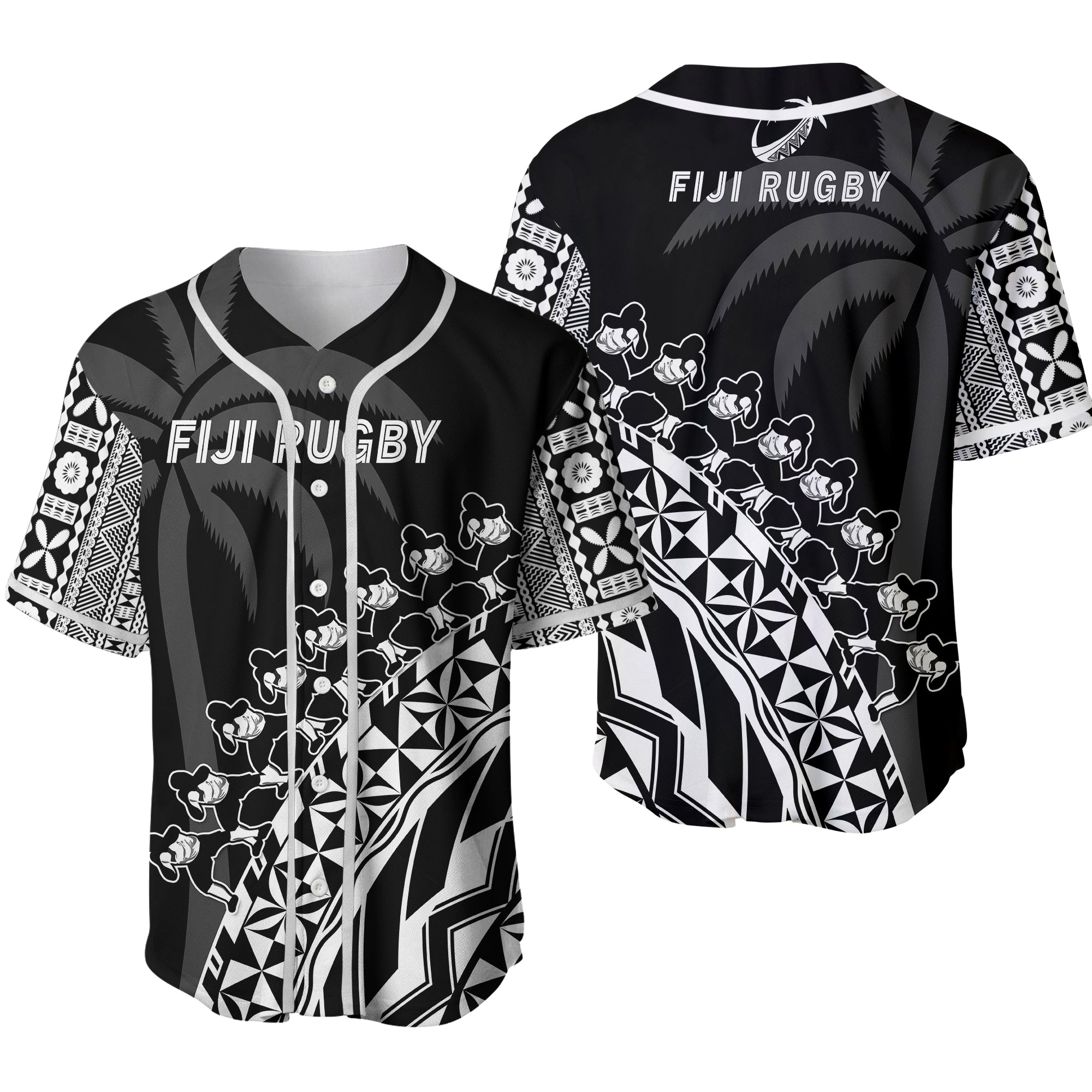 Fiji Rugby Baseball Jersey Fijian Cibi Dance Tapa Pattern Black 02 LT14 Black - Polynesian Pride