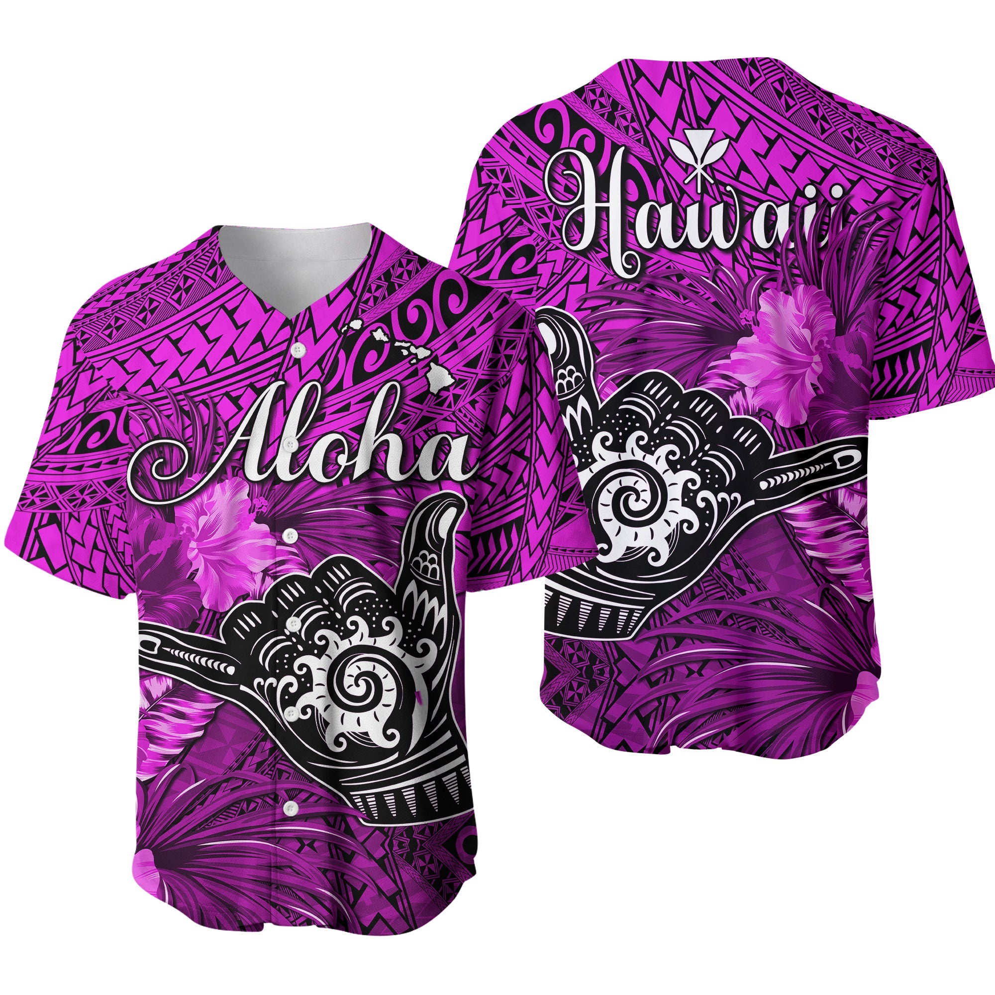 The Shaka Hawaii Baseball Jersey Tropical Flowers Purple Version LT13 Purple - Polynesian Pride