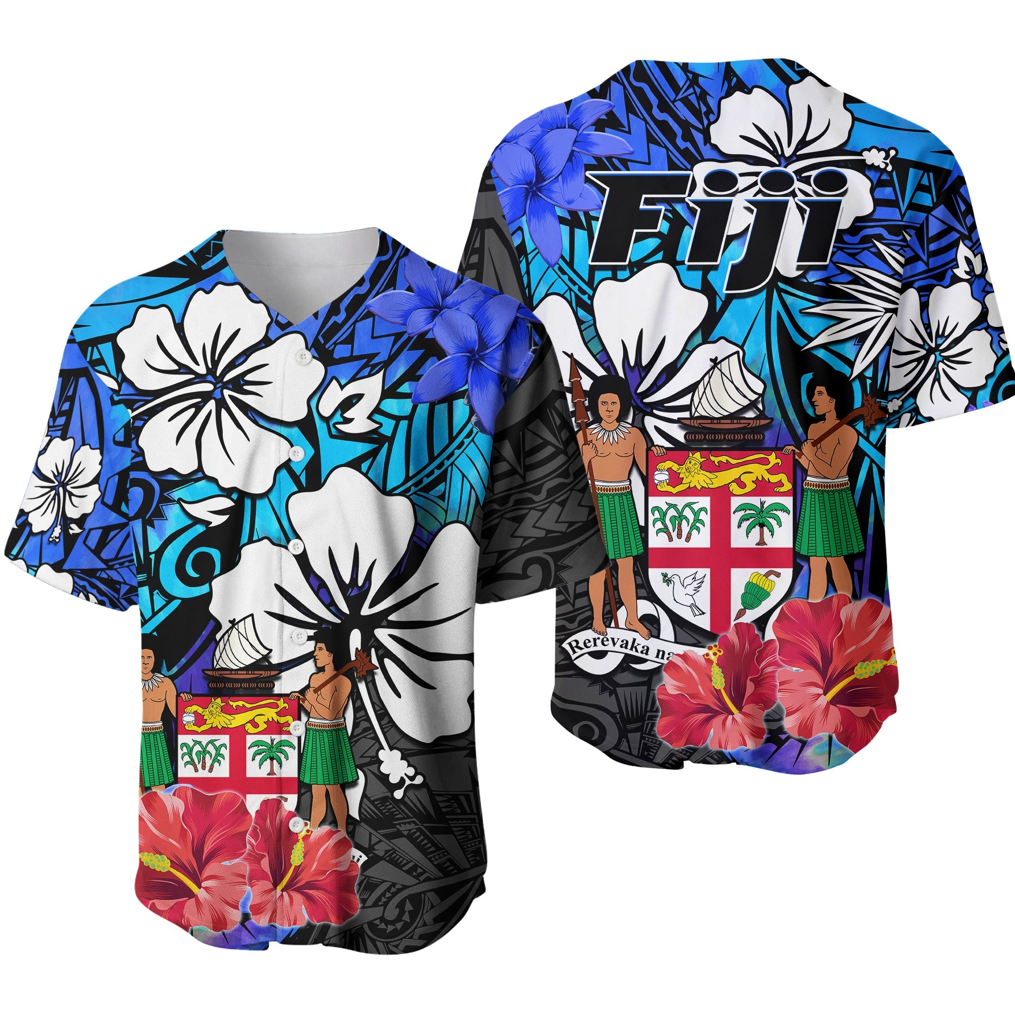 Fiji Tie Dye Baseball Jersey Polynesian Blue Tribal Creative Tropical Flowers LT13 Blue - Polynesian Pride