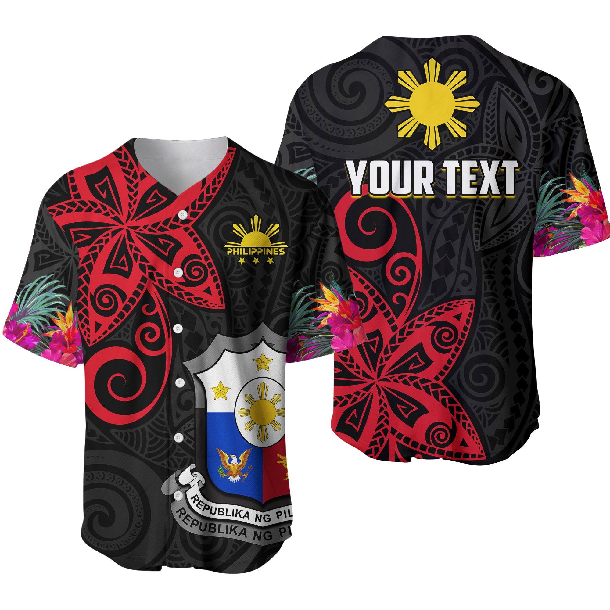 (Custom Personalised) Philippines Baseball Jersey Sun Filipino Polynesian mix Flowers Black Vibe LT13 Black - Polynesian Pride