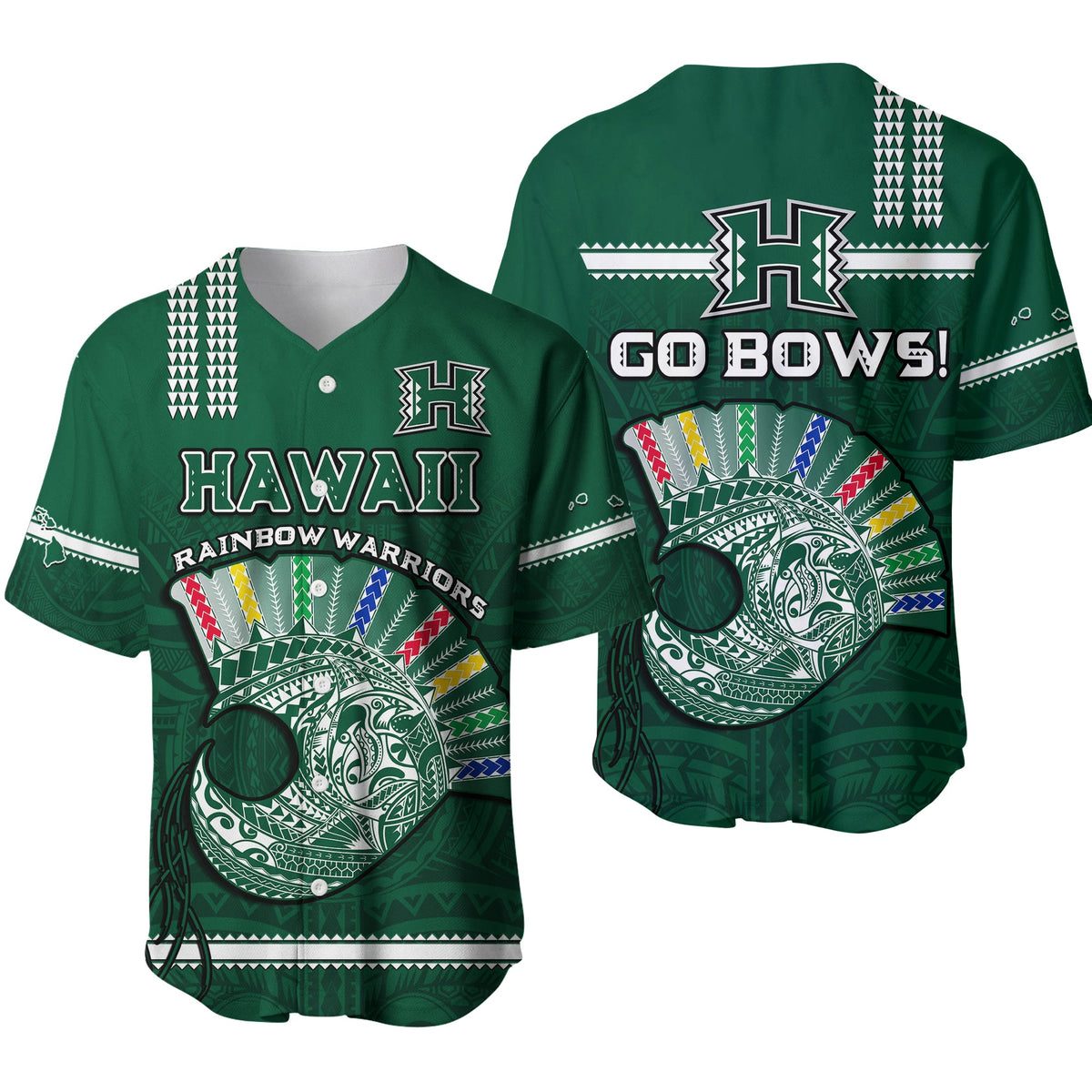 Hawaii Football Baseball Jersey Kakau Rainbow Warriors Helmet Go Bows Ver.01 LT14 Green - Polynesian Pride