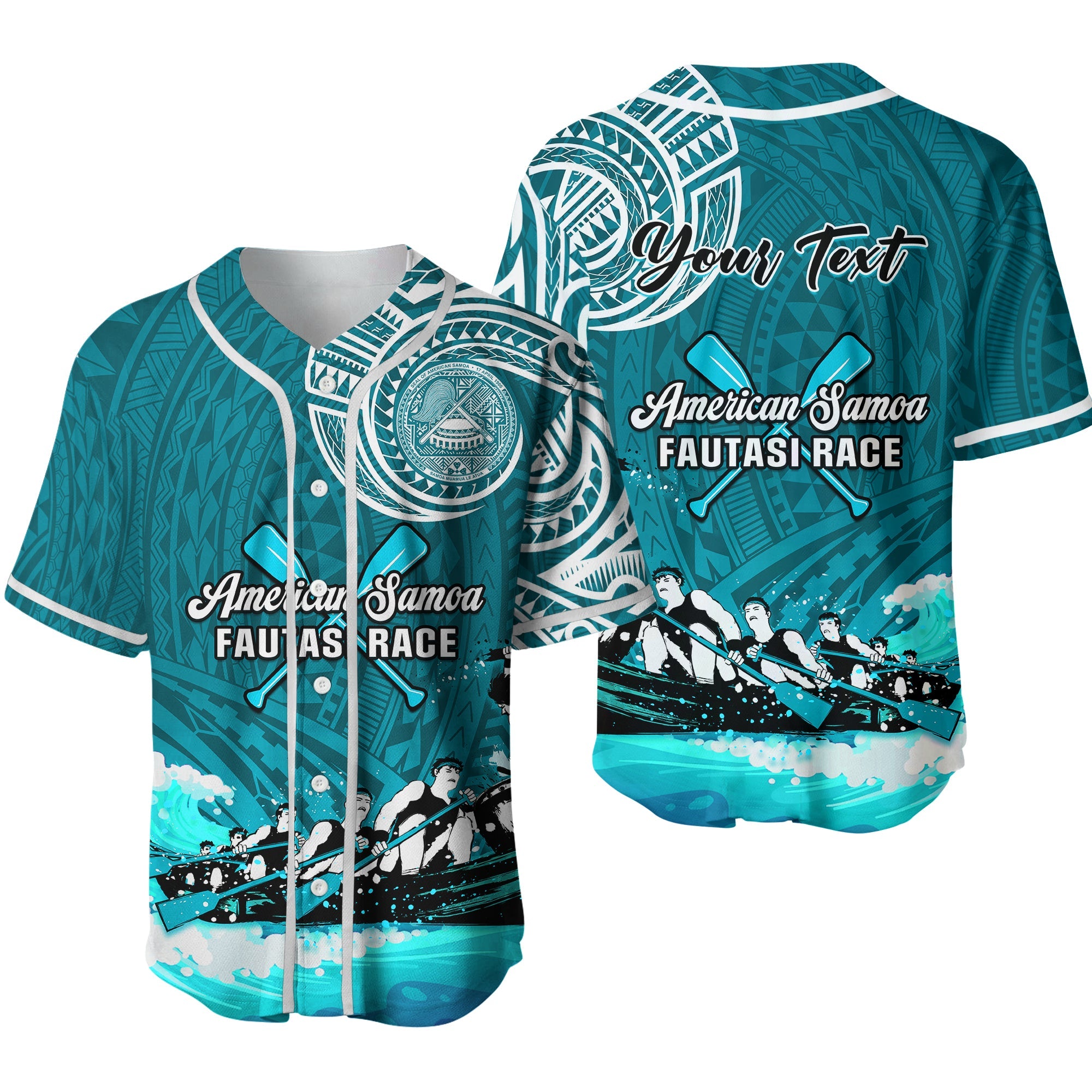 (Custom Personalised) American Samoa Baseball Jersey Border Fautasi Race Samoan Pattern Ver.03 LT14 Turquoise - Polynesian Pride