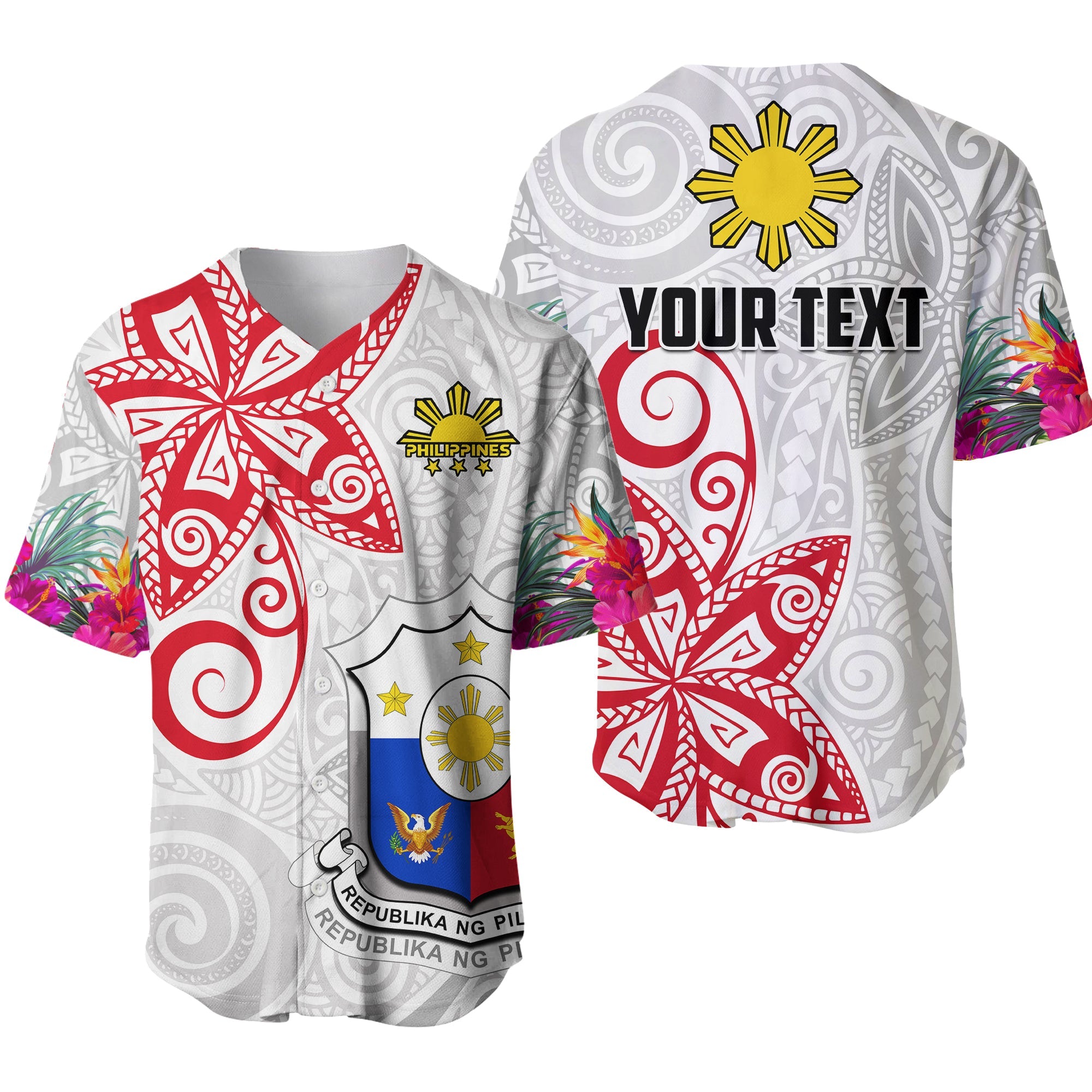 (Custom Personalised) Philippines Baseball Jersey Sun Filipino Polynesian mix Flowers White Vibe LT13 White - Polynesian Pride