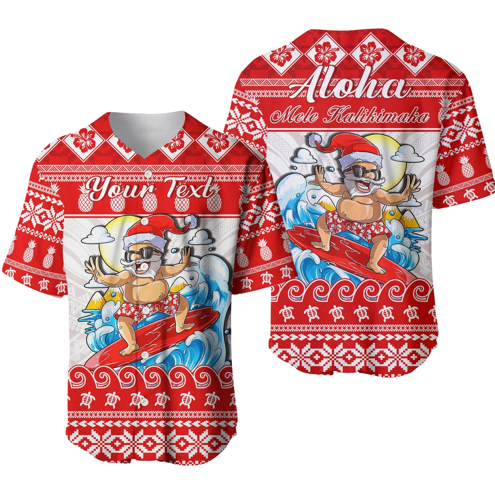 Custom Personalised Hawaii Christmas Baseball Jersey Surfing Santa Mele Kalikimaka Polynesian LT14 Red - Polynesian Pride