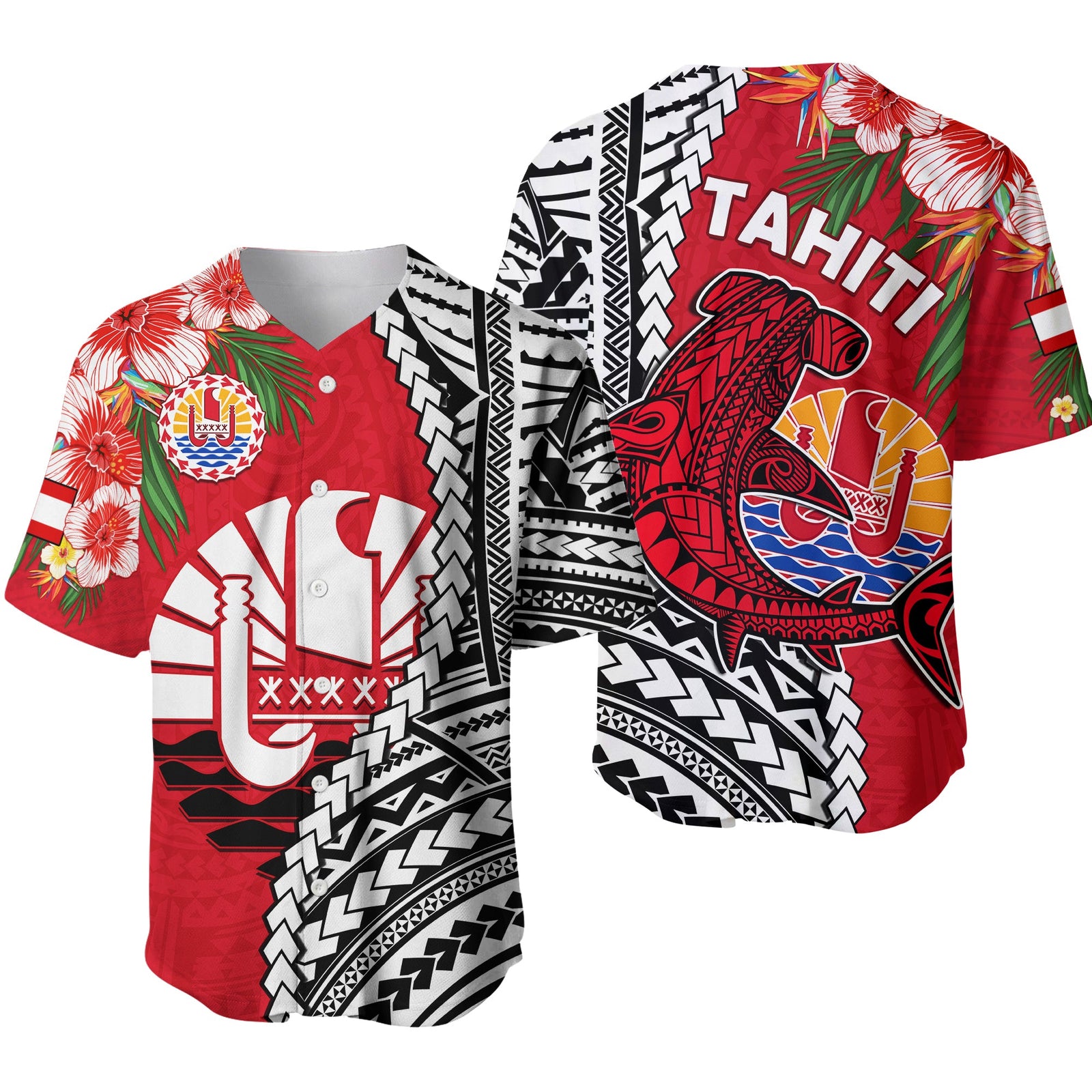 Tahiti Islands Baseball Jersey Polynesian Shark Mix Tropical Flowers LT14 Red - Polynesian Pride