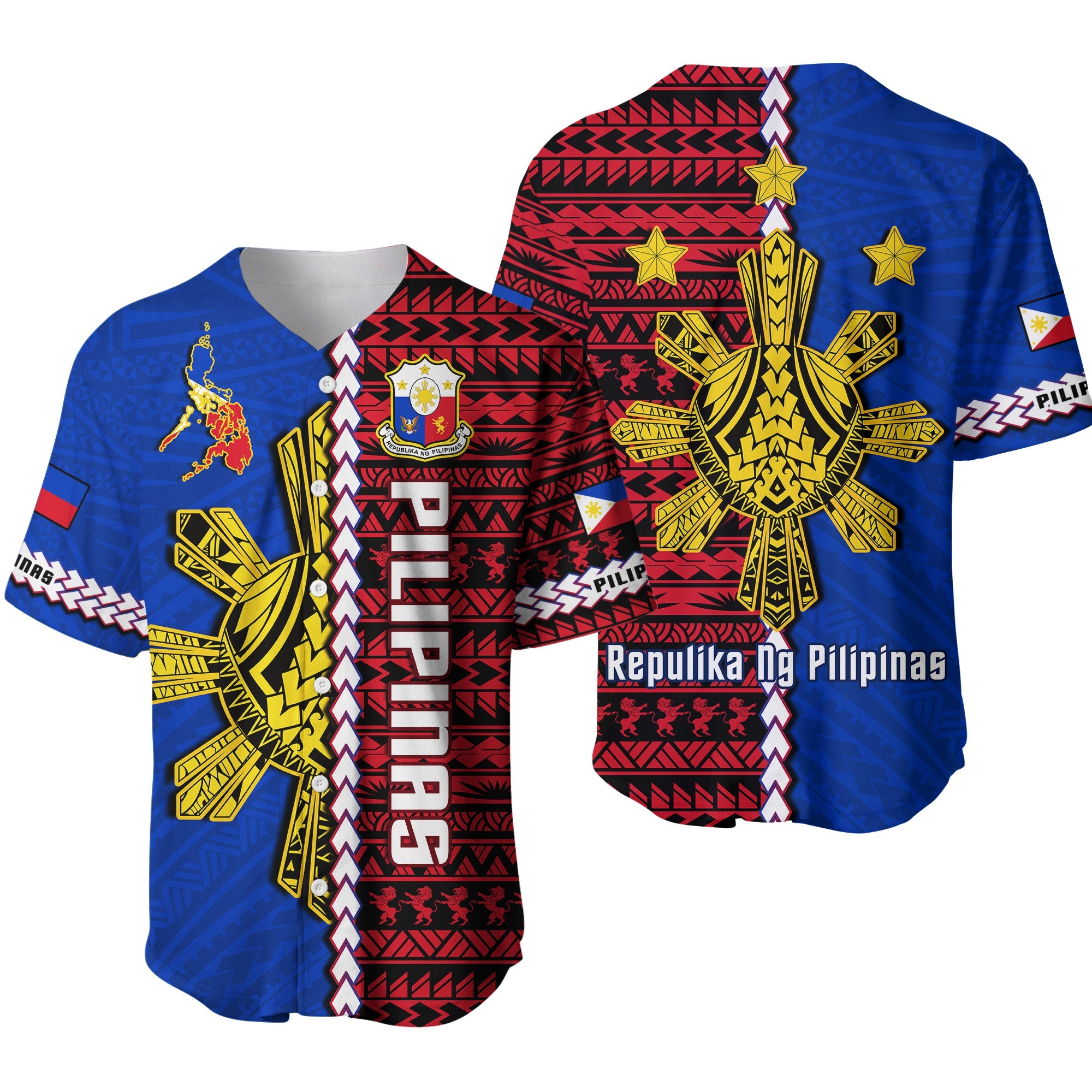 Philippines Baseball Jersey Pilipinas Sun Mix Polynesian Pattern LT14 Red - Polynesian Pride