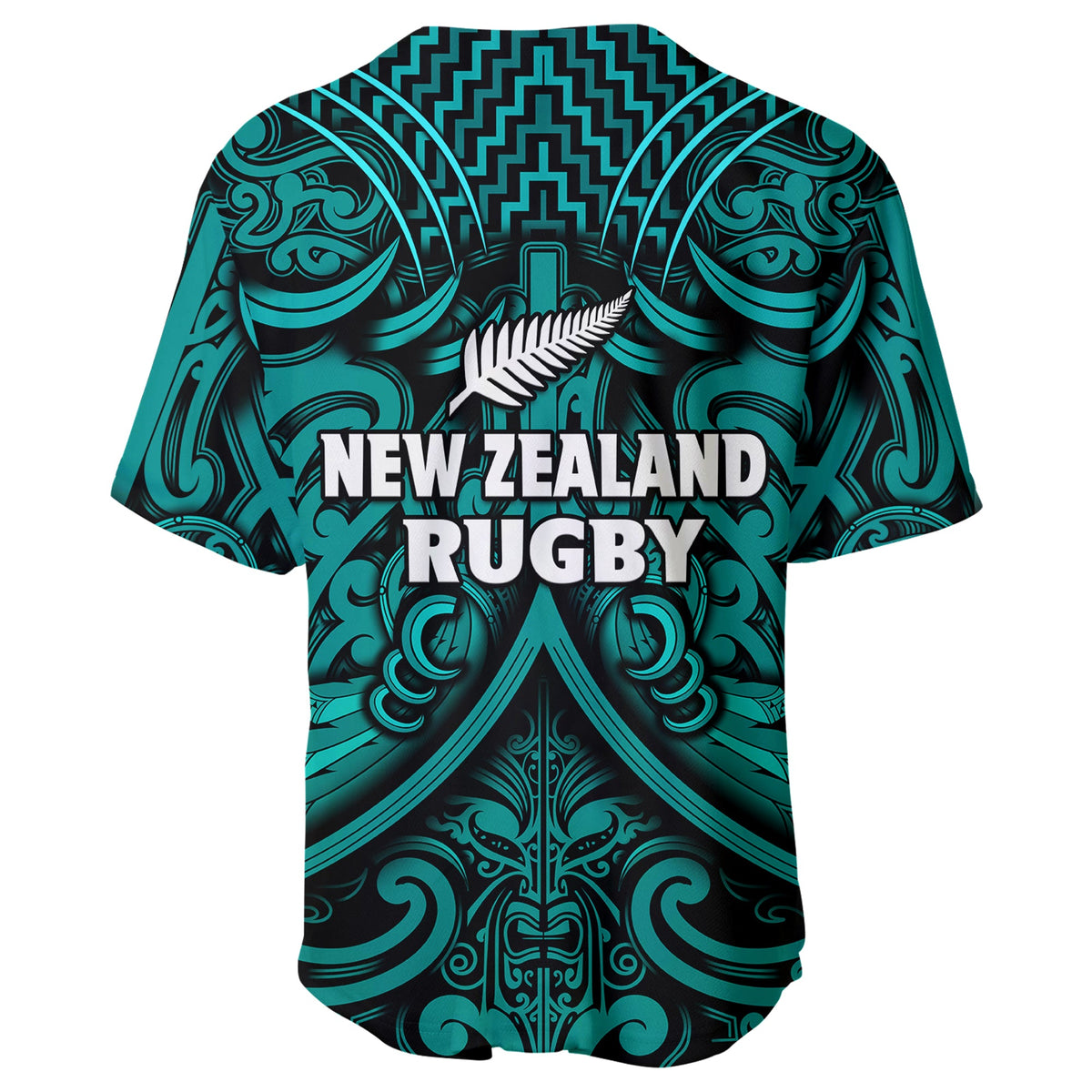 New Zealand Silver Fern Rugby Baseball Jersey All Black Turquoise NZ Maori Pattern LT13 - Polynesian Pride