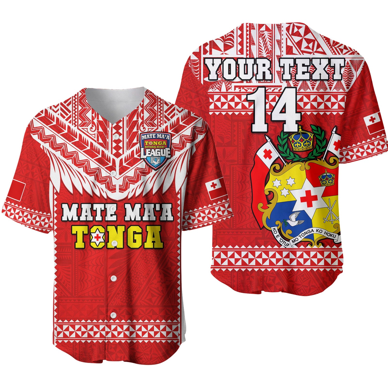 (Custom Text And Number) Tonga Rugby Baseball Jersey Mate Maa Tonga Pacific Ngatu White LT14 Red - Polynesian Pride