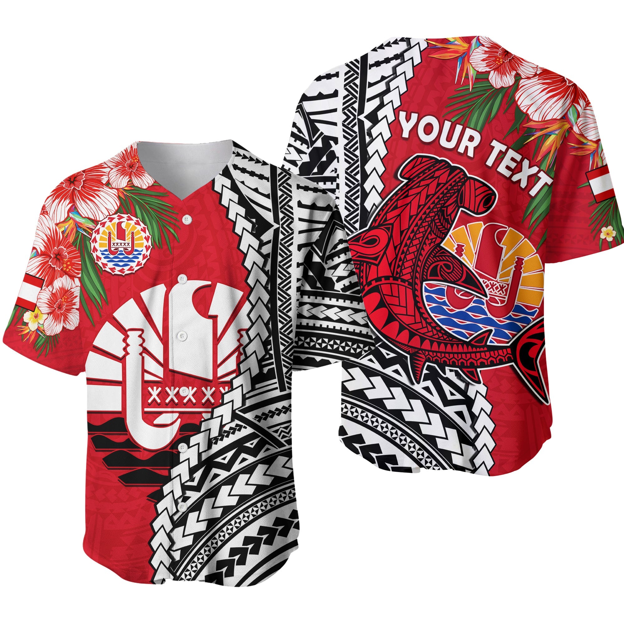 (Custom Personalised) Tahiti Islands Baseball Jersey Polynesian Shark Mix Tropical Flowers LT14 Red - Polynesian Pride