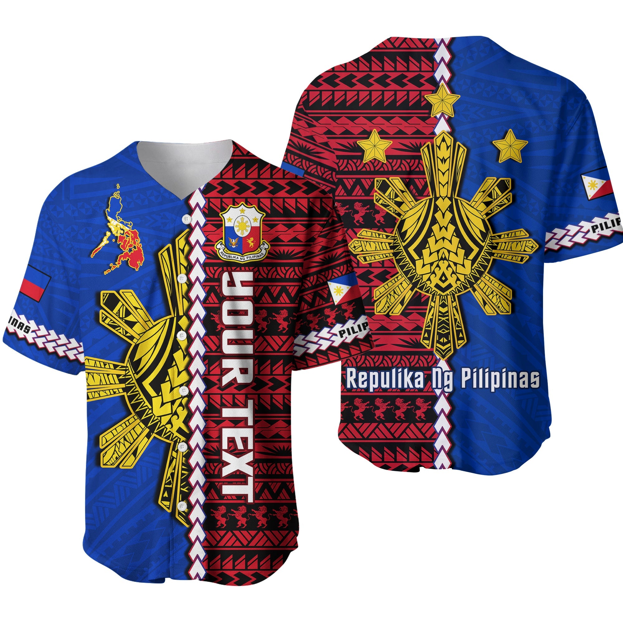 (Custom Personalised) Philippines Baseball Jersey Pilipinas Sun Mix Polynesian Pattern LT14 Red - Polynesian Pride