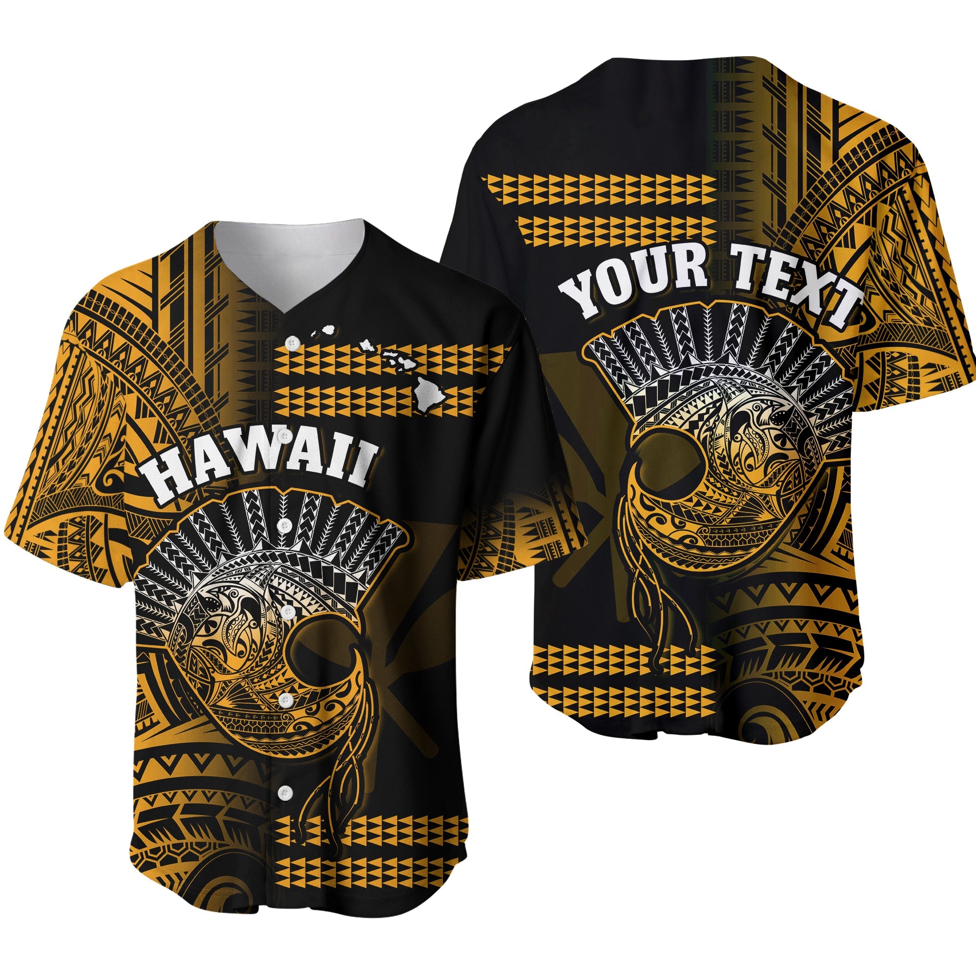 (Custom Personalised) Hawaii Baseball Jersey Kakau Warrior Helmet Gradient Gold Polynesian Ver.01 LT14 Gold - Polynesian Pride