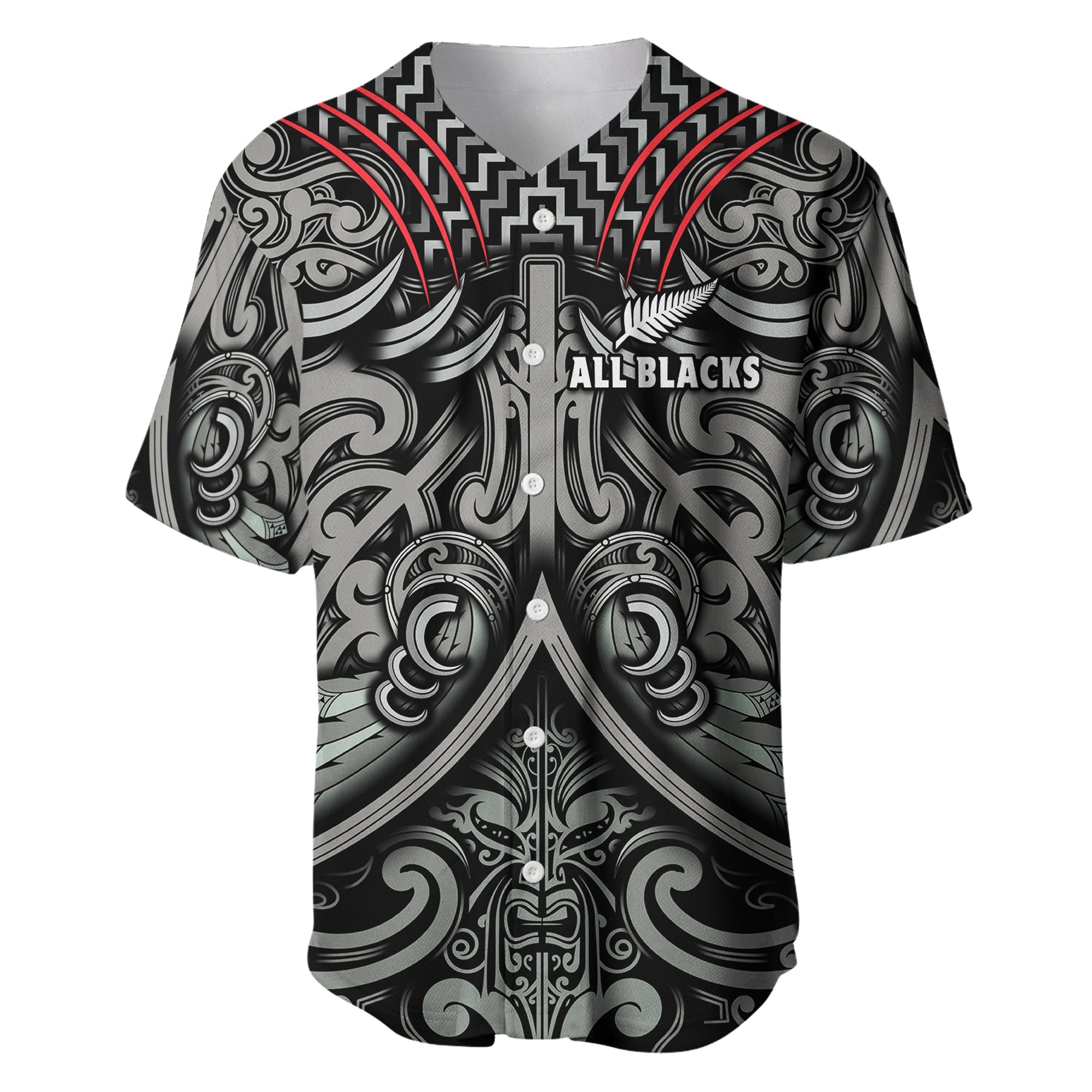 New Zealand Silver Fern Rugby Baseball Jersey All Black NZ Maori Pattern LT13 Black - Polynesian Pride