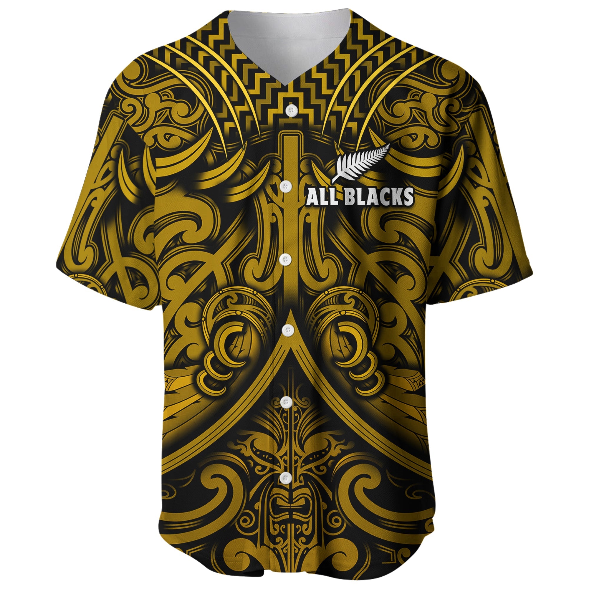 (Custom Text and Number) New Zealand Silver Fern Rugby Baseball Jersey All Black Gold NZ Maori Pattern LT13 Gold - Polynesian Pride