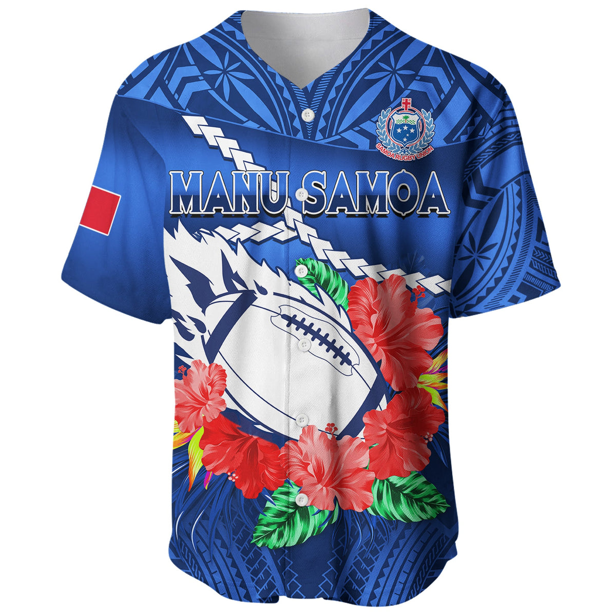 Samoa Rugby Baseball Jersey Manu Samoa Polynesian Hibiscus Blue Style LT14 - Polynesian Pride