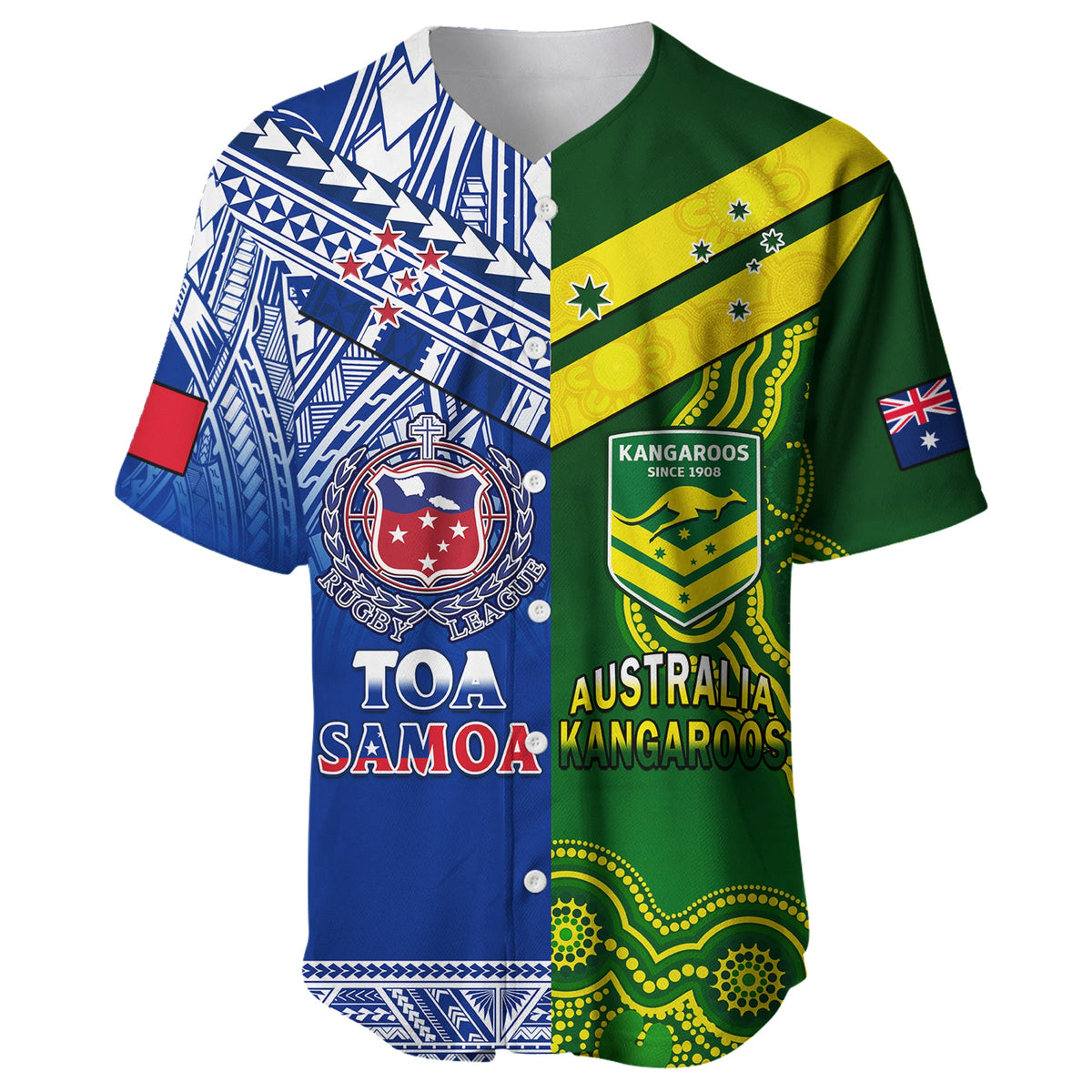 (Custom Personalised) Samoa Rugby and Australia Rugby Baseball Jersey Toa Samoa Mix Kangaroos Pacific LT14 Art - Polynesian Pride