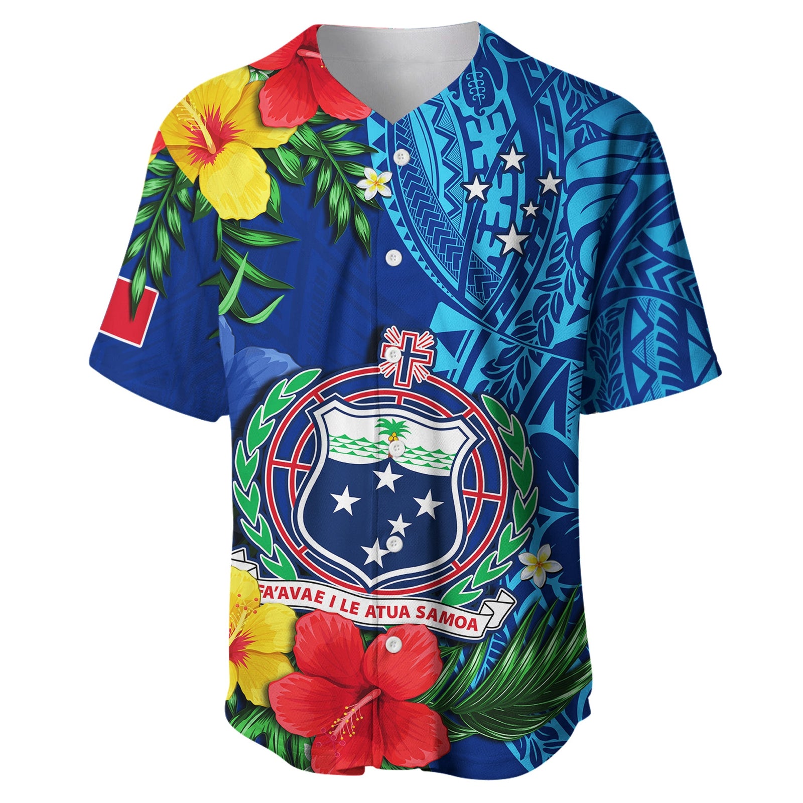 Samoa Baseball Jersey Coat Of Arms Mix Tropical Flowers LT14 Blue - Polynesian Pride
