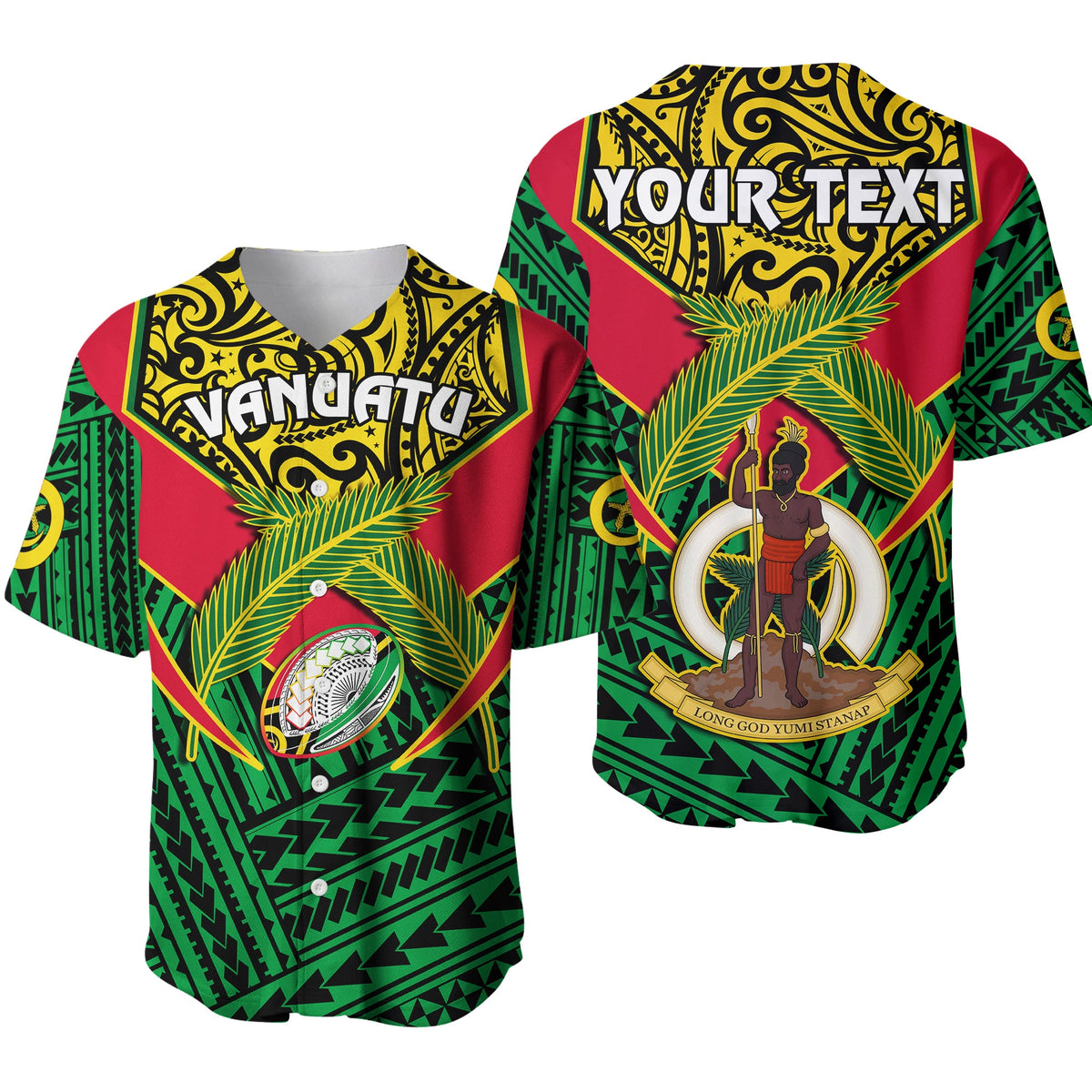 (Custom Personalised) Vanuatu Rugby Baseball Jersey Coat Of Arms Polynesian Pattern LT14 Green - Polynesian Pride