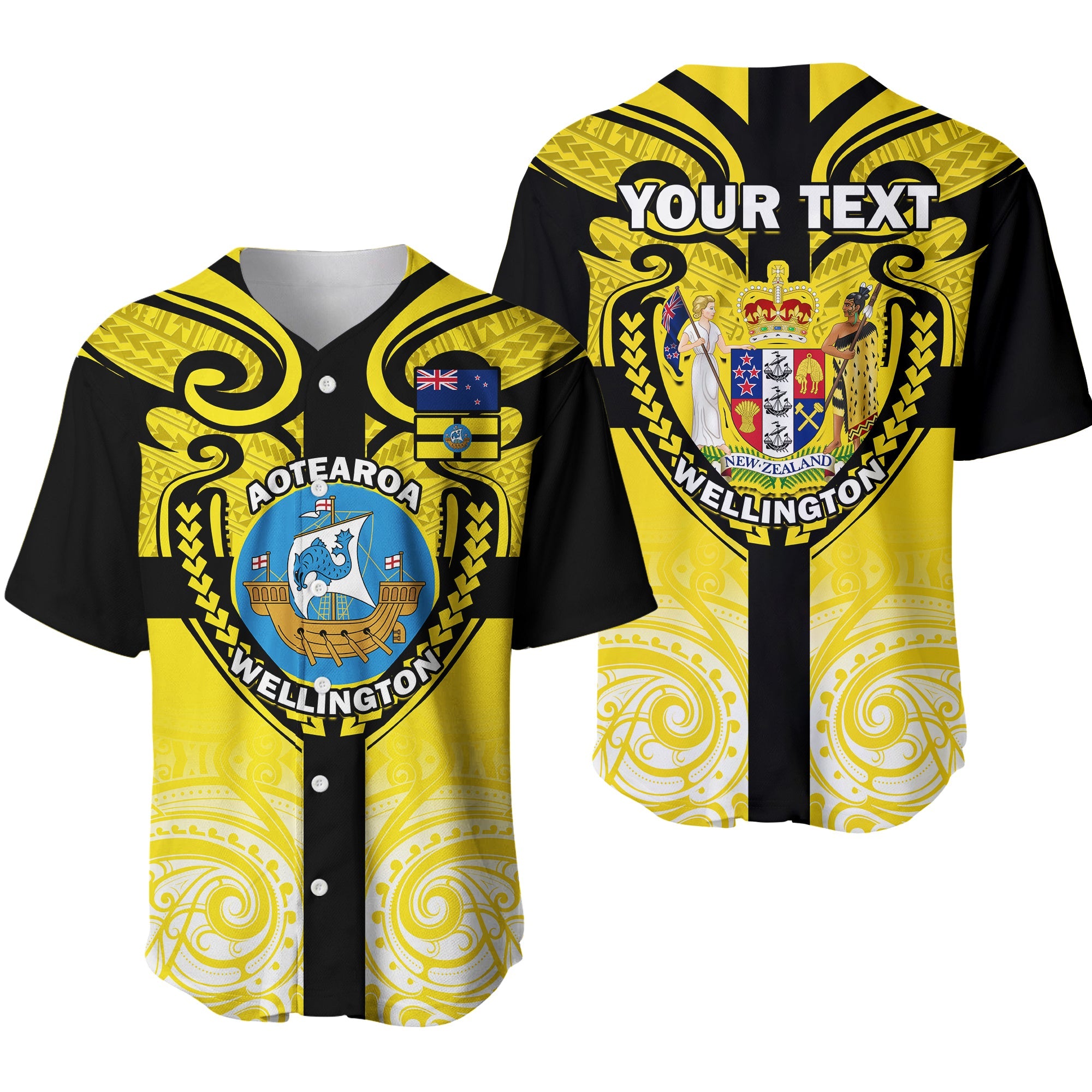 (Custom Personalised) Wellington Baseball Jersey New Zealand Maori Pattern Ver.01 LT14 Yellow - Polynesian Pride