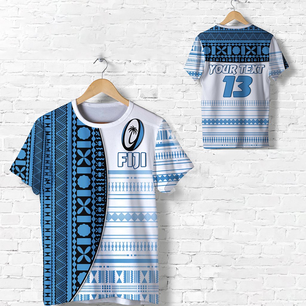 Custom Fiji Rugby T Shirt Impressive Version Blue Custom Text and Number Unisex Blue - Polynesian Pride