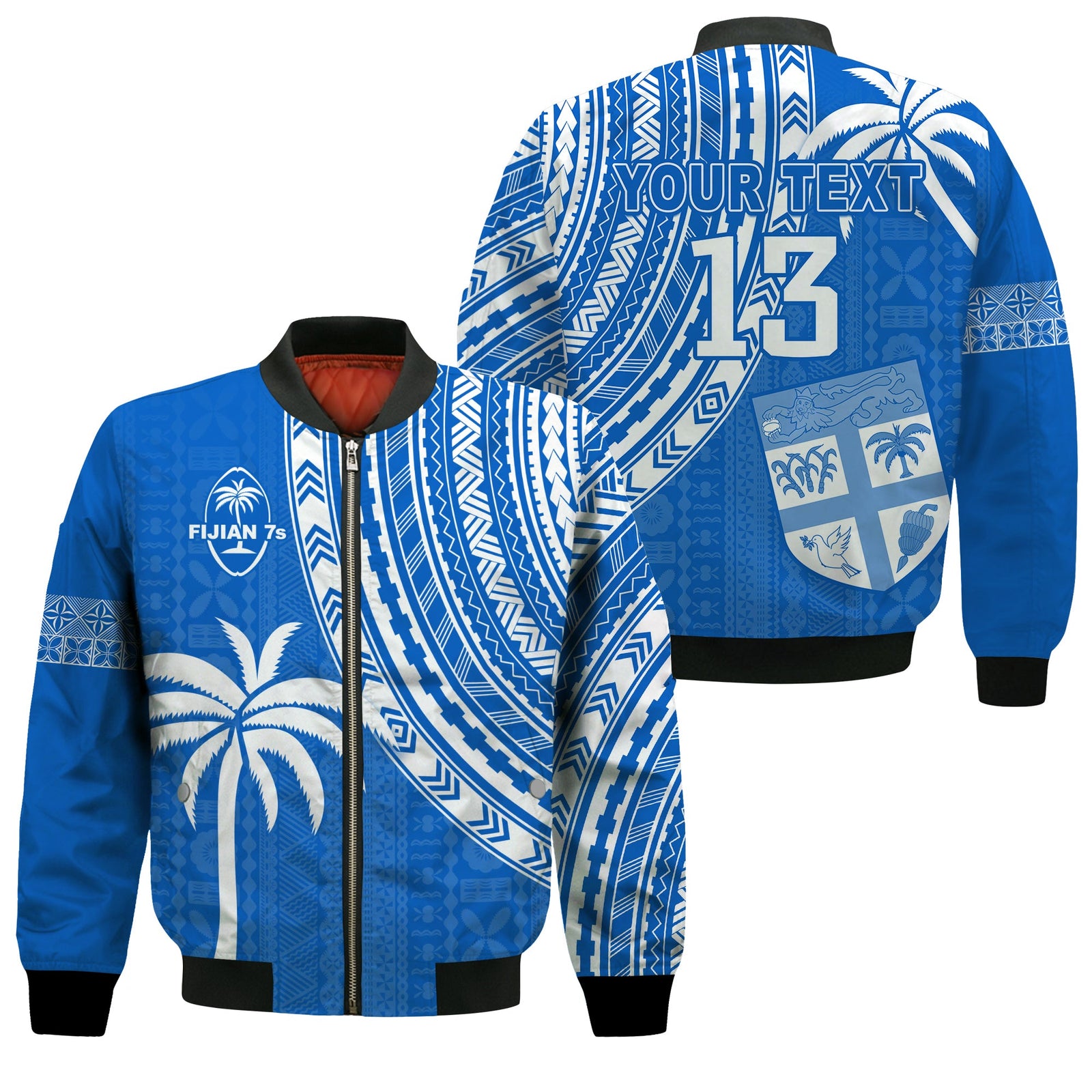 (Custom Text and Number) Fiji Rugby Sevens Bomber Jacket Fijian 7s Tapa Polynesian Blue Ver.01 LT13 Unisex Blue - Polynesian Pride