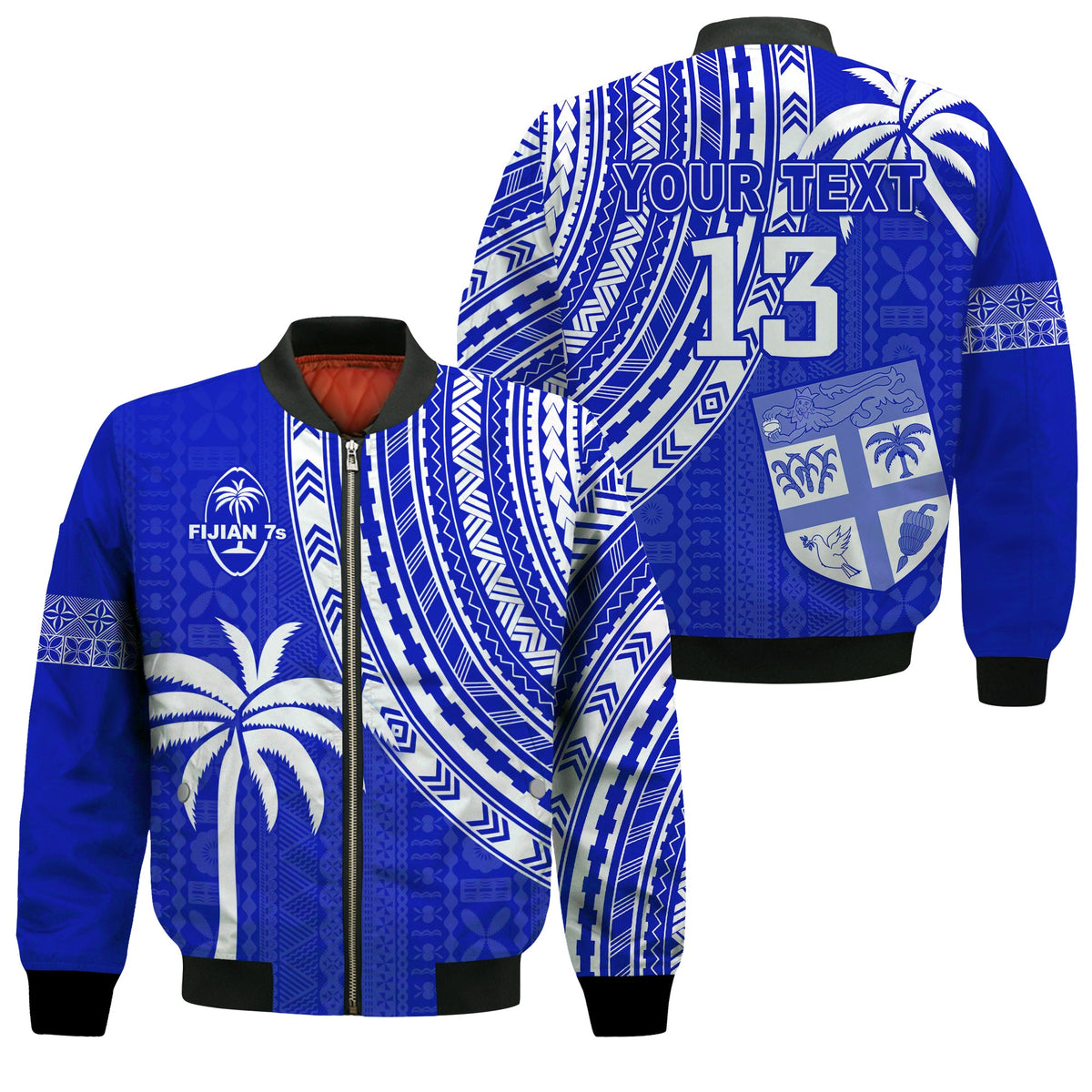 (Custom Text and Number) Fiji Rugby Sevens Bomber Jacket Fijian 7s Tapa Polynesian Blue Ver.02 LT13 Unisex Blue - Polynesian Pride