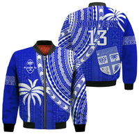 (Custom Text and Number) Fiji Rugby Sevens Bomber Jacket Fijian 7s Tapa Polynesian Blue Ver.02 LT13 Unisex Blue - Polynesian Pride